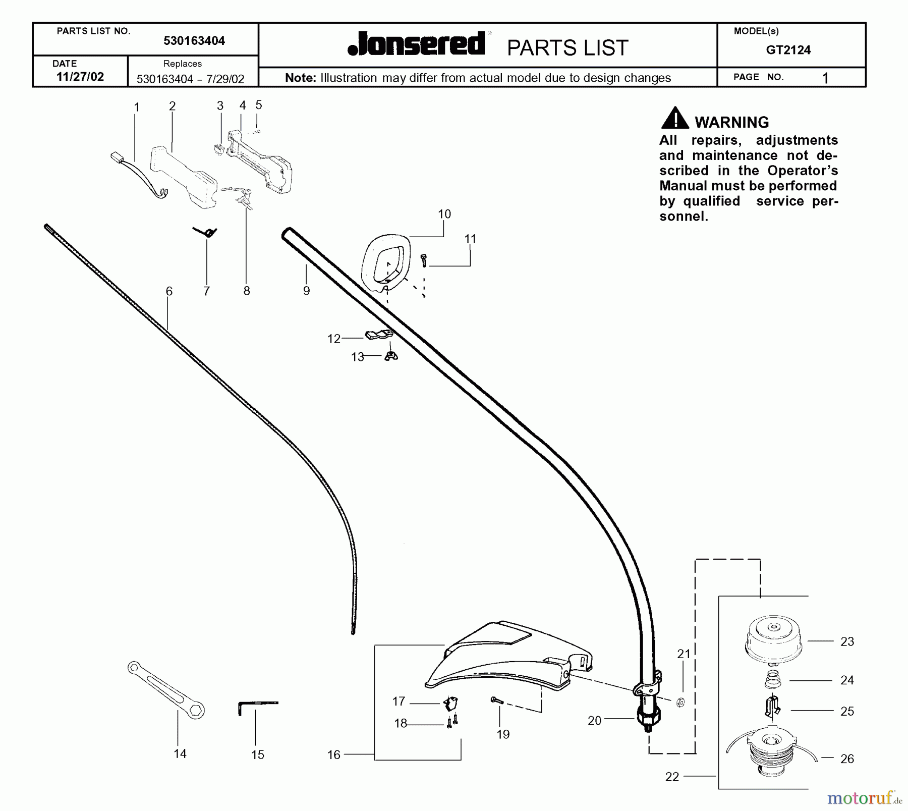 Jonsered Motorsensen, Trimmer GT2124 - Jonsered String/Brush Trimmer (2003-01) SHAFT HANDLE