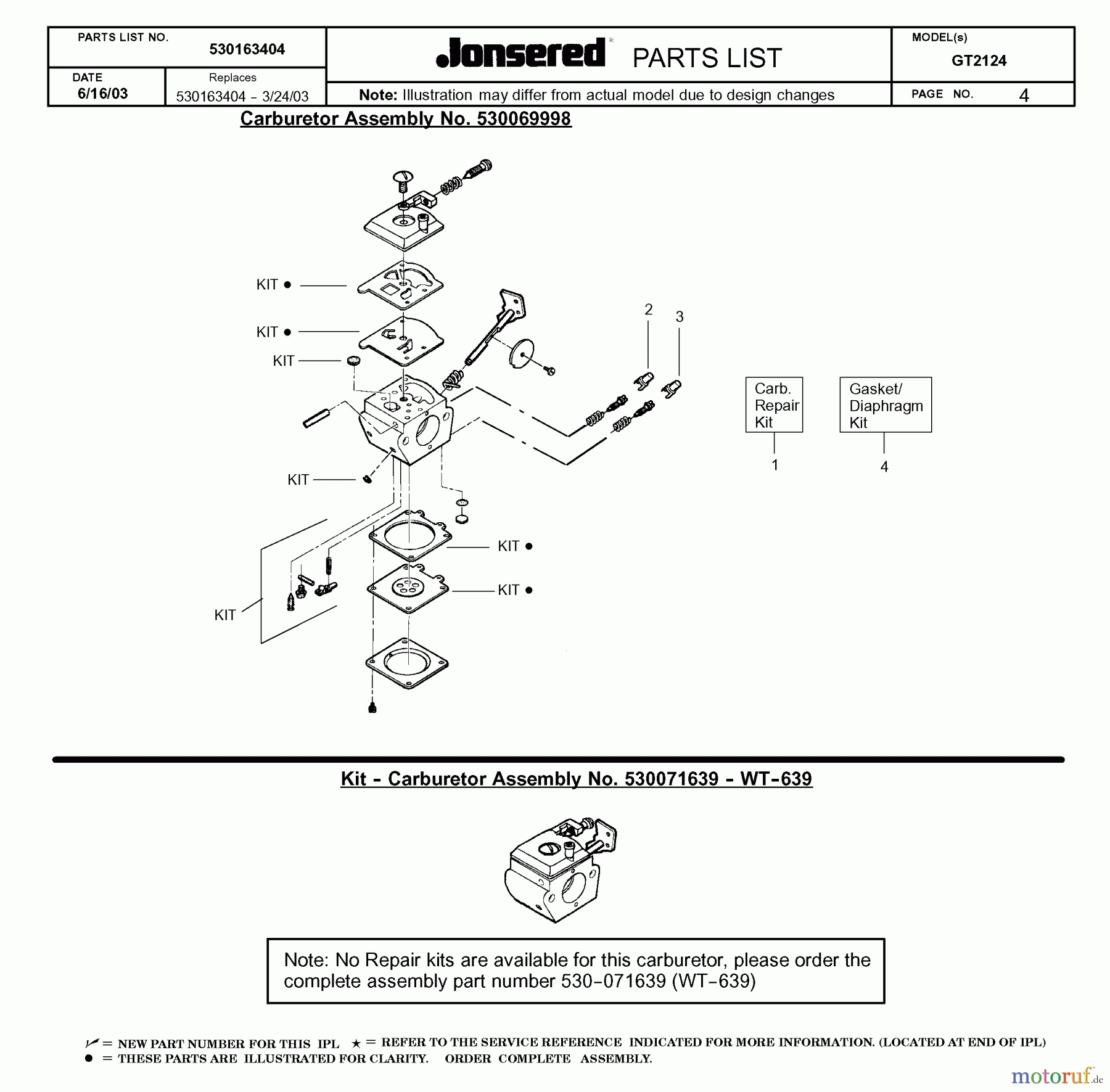 Jonsered Motorsensen, Trimmer GT2124 - Jonsered String/Brush Trimmer (2004-01) CARBURETOR DETAILS