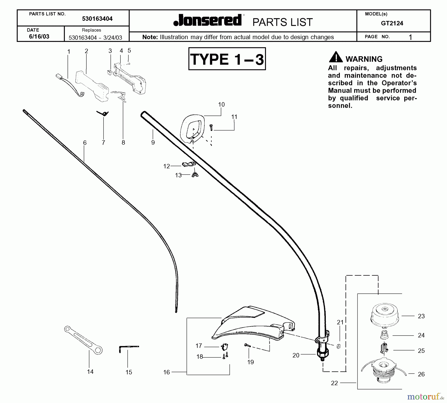 Jonsered Motorsensen, Trimmer GT2124 - Jonsered String/Brush Trimmer (2004-01) SHAFT HANDLE