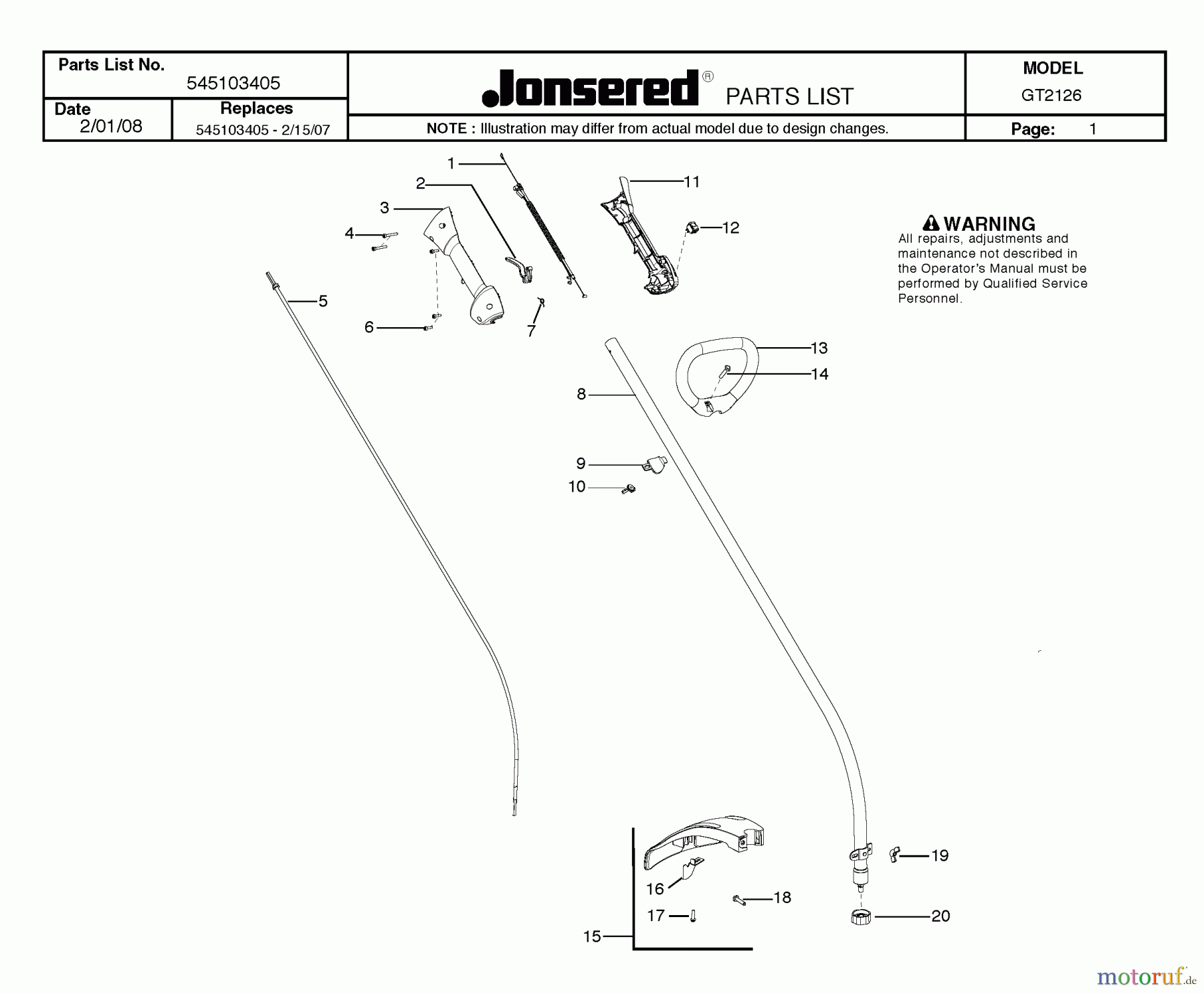 Jonsered Motorsensen, Trimmer GT2126 - Jonsered String/Brush Trimmer (2008-06) SHAFT HANDLE