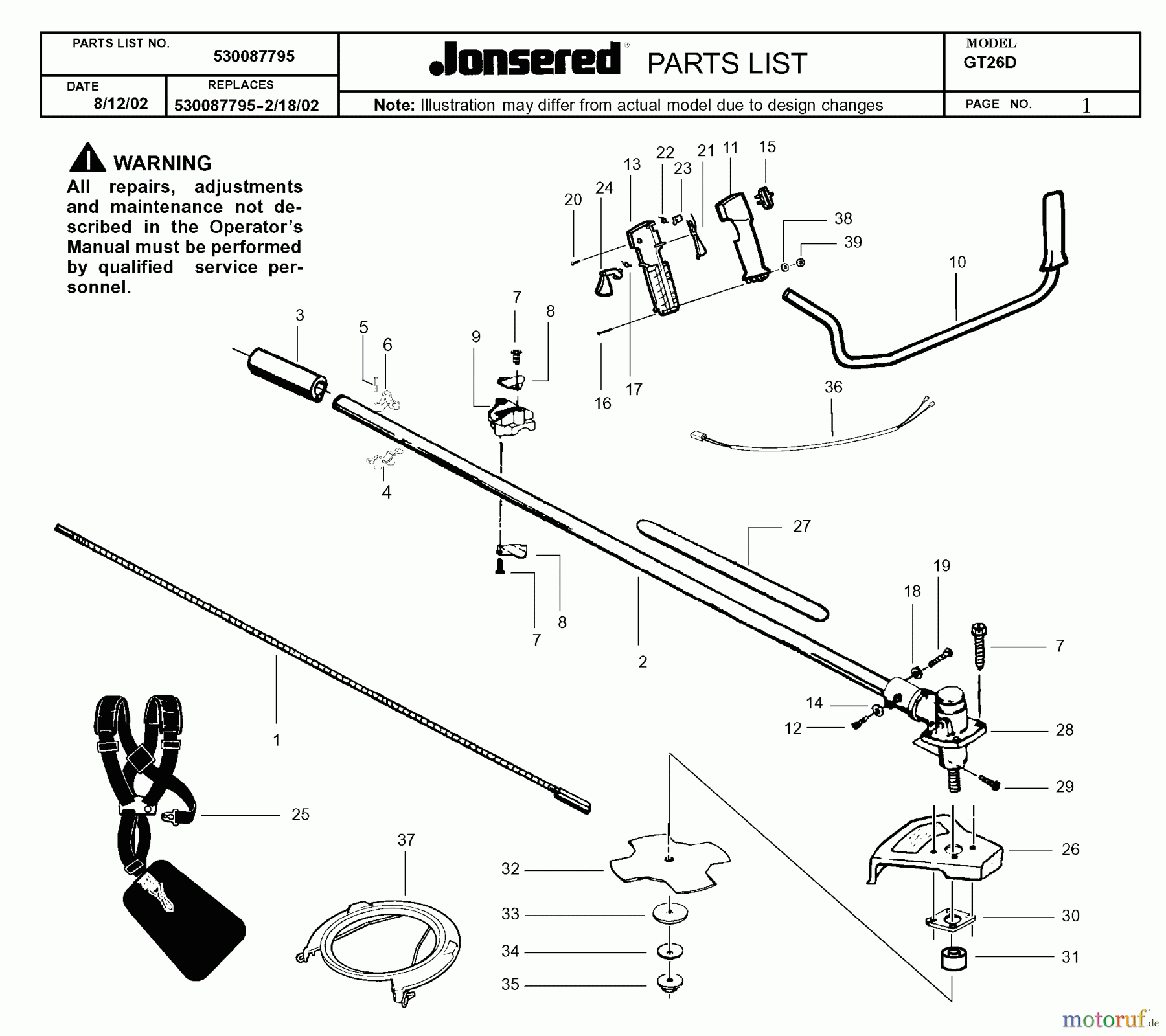 Jonsered Motorsensen, Trimmer GT26D - Jonsered String/Brush Trimmer (2002-08) SHAFT HANDLE