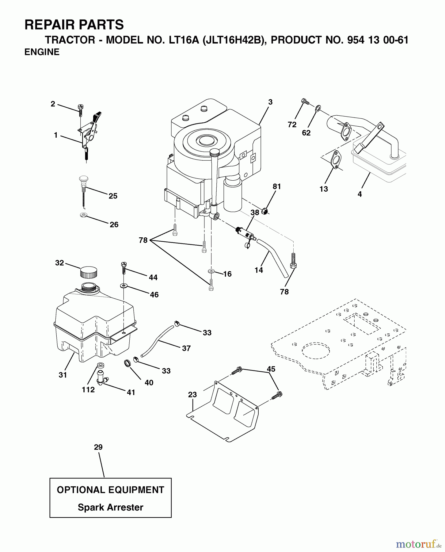 Jonsered Rasen und Garten Traktoren LT16A (JLT16H42B, 954130061) - Jonsered Lawn & Garden Tractor (2002-03) ENGINE