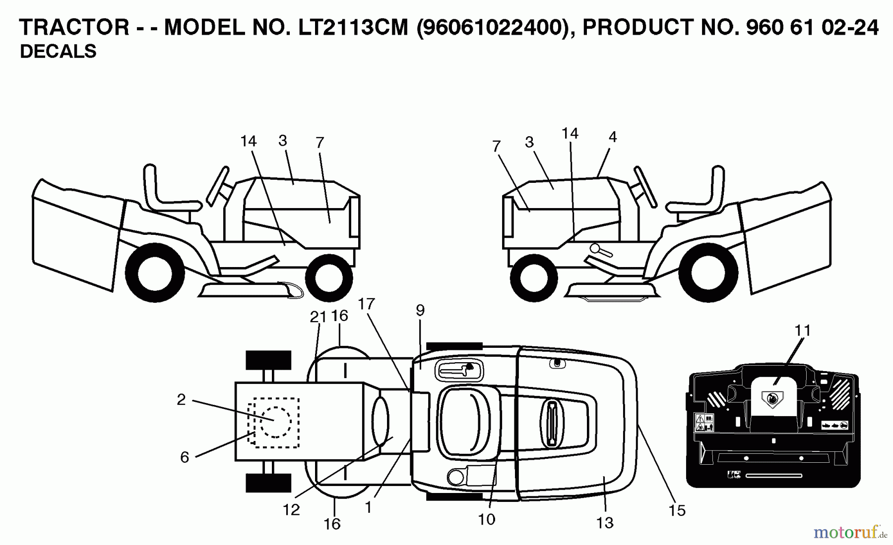Jonsered Rasen und Garten Traktoren LT2113 CM (96061022400) - Jonsered Lawn & Garden Tractor (2007-10) DECALS