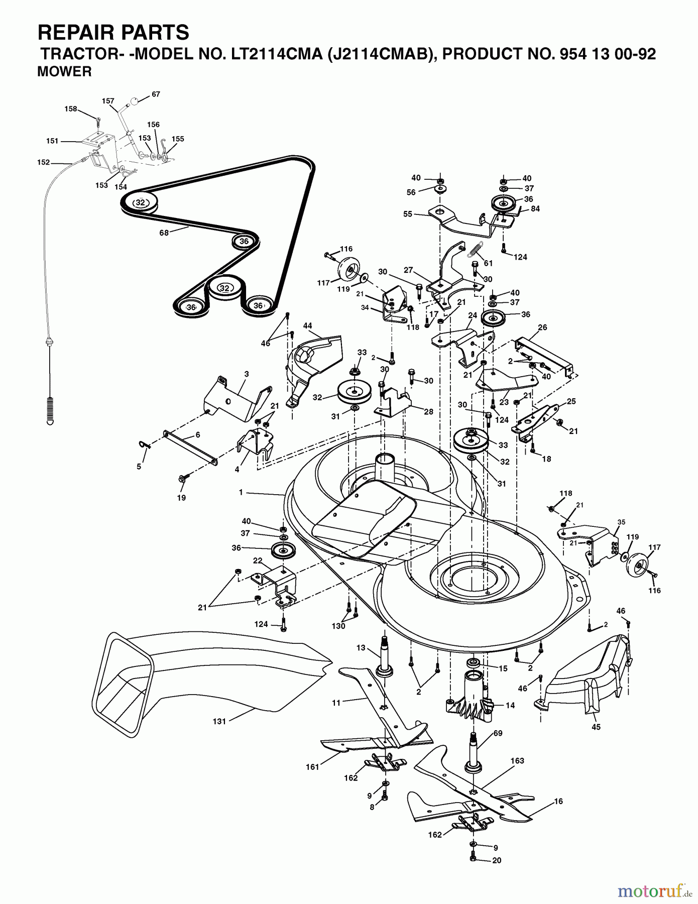 Jonsered Rasen und Garten Traktoren LT2114 CMA (J2114CMAB, 954130092) - Jonsered Lawn & Garden Tractor (2003-01) MOWER DECK / CUTTING DECK