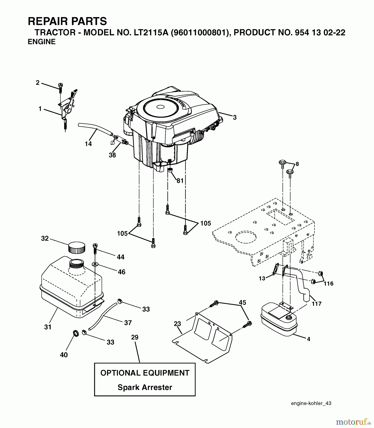 Jonsered Rasen und Garten Traktoren LT2115 A (96011000801) - Jonsered Lawn & Garden Tractor (2005-05) ENGINE