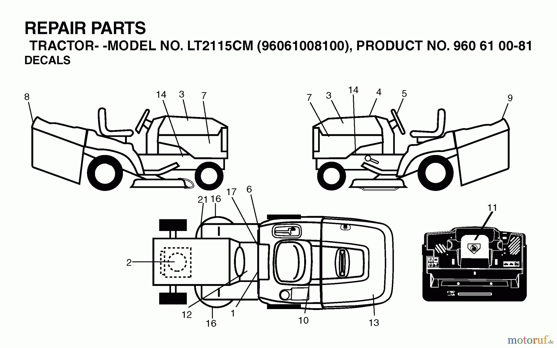 Jonsered Rasen und Garten Traktoren LT2115 CM (96061008100) - Jonsered Lawn & Garden Tractor (2006-04) DECALS
