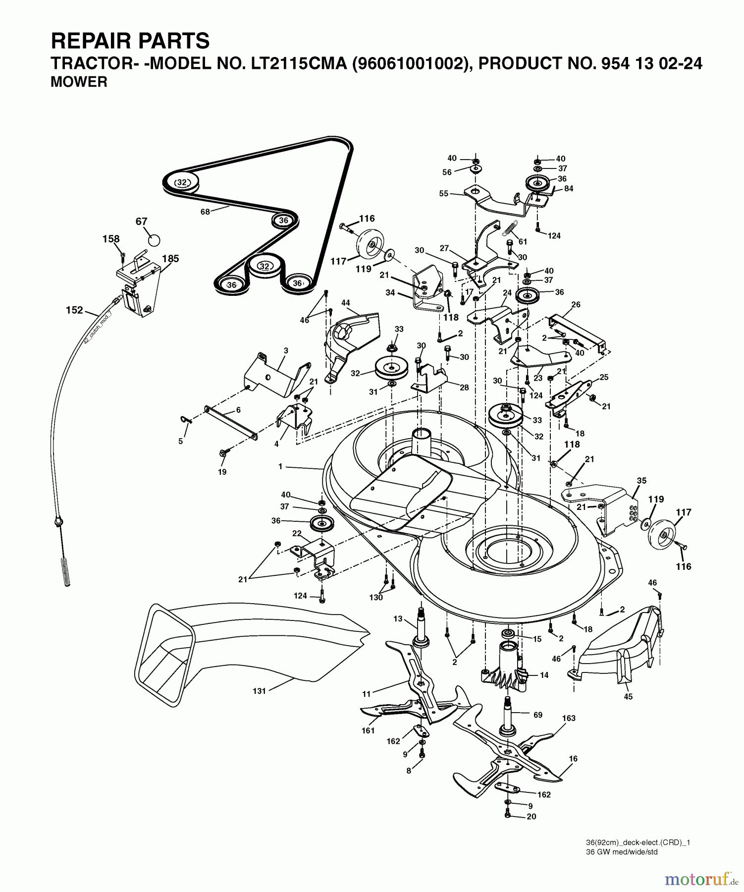 Jonsered Rasen und Garten Traktoren LT2115 CMA (96061001002) - Jonsered Lawn & Garden Tractor (2005-05) MOWER DECK / CUTTING DECK