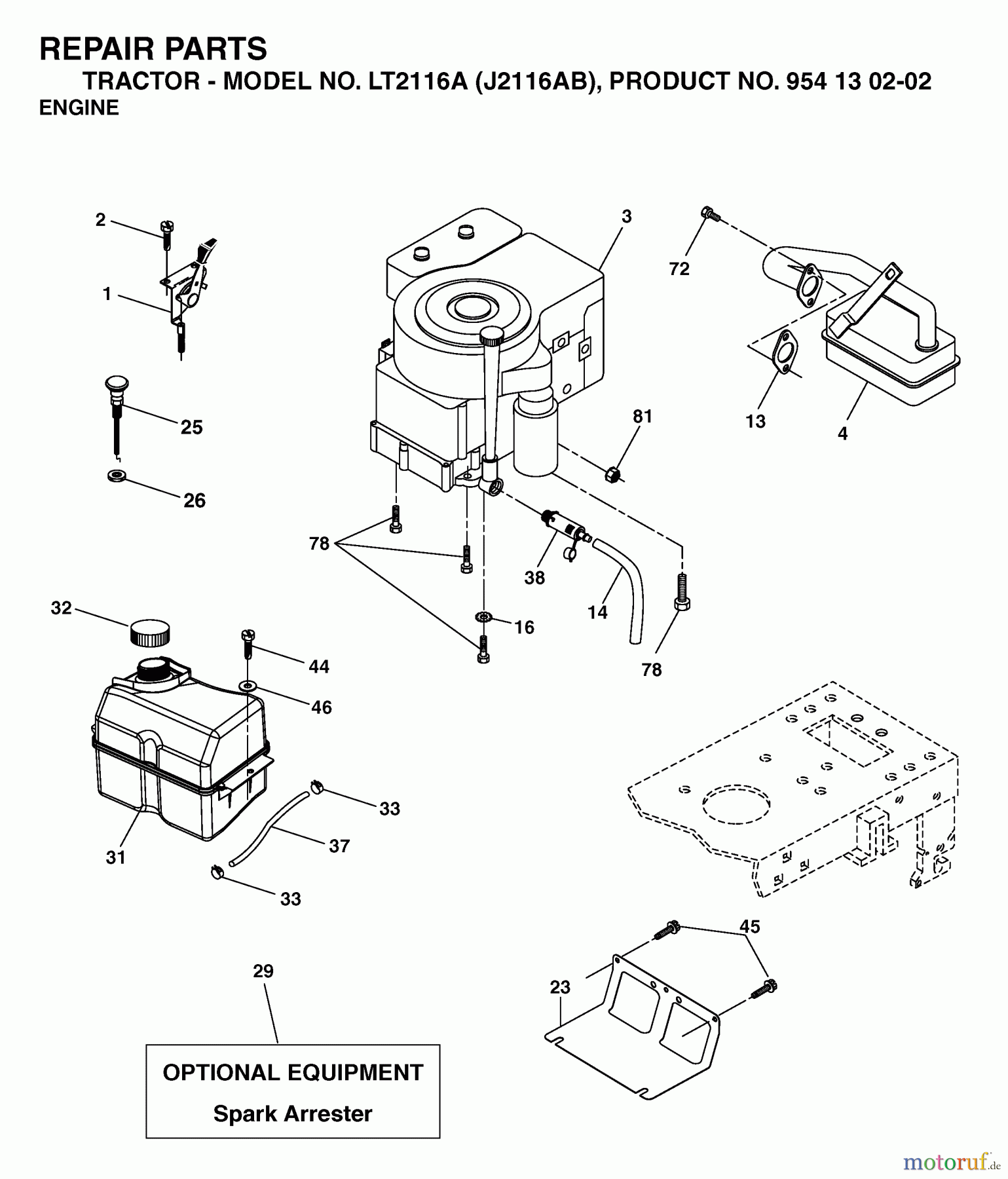 Jonsered Rasen und Garten Traktoren LT2116 A (J2116AB, 954130202) - Jonsered Lawn & Garden Tractor (2003-01) ENGINE CUTTING EQUIPMENT