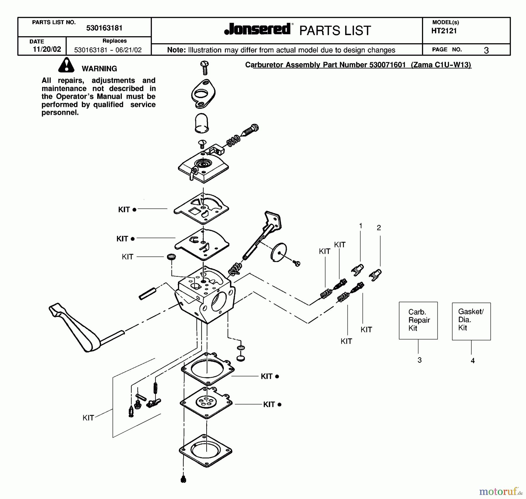 Jonsered Heckenscheren HT2121 - Jonsered Hedge Trimmer (2003-01) CARBURETOR DETAILS