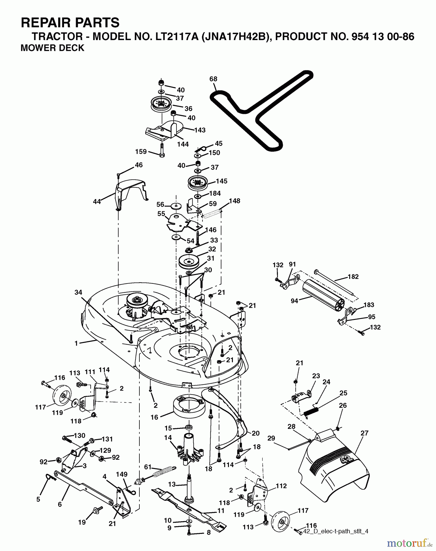  Jonsered Rasen  und Garten Traktoren LT2117 A (JNA17H42B, 954130086) - Jonsered Lawn & Garden Tractor (2003-05) MOWER DECK / CUTTING DECK