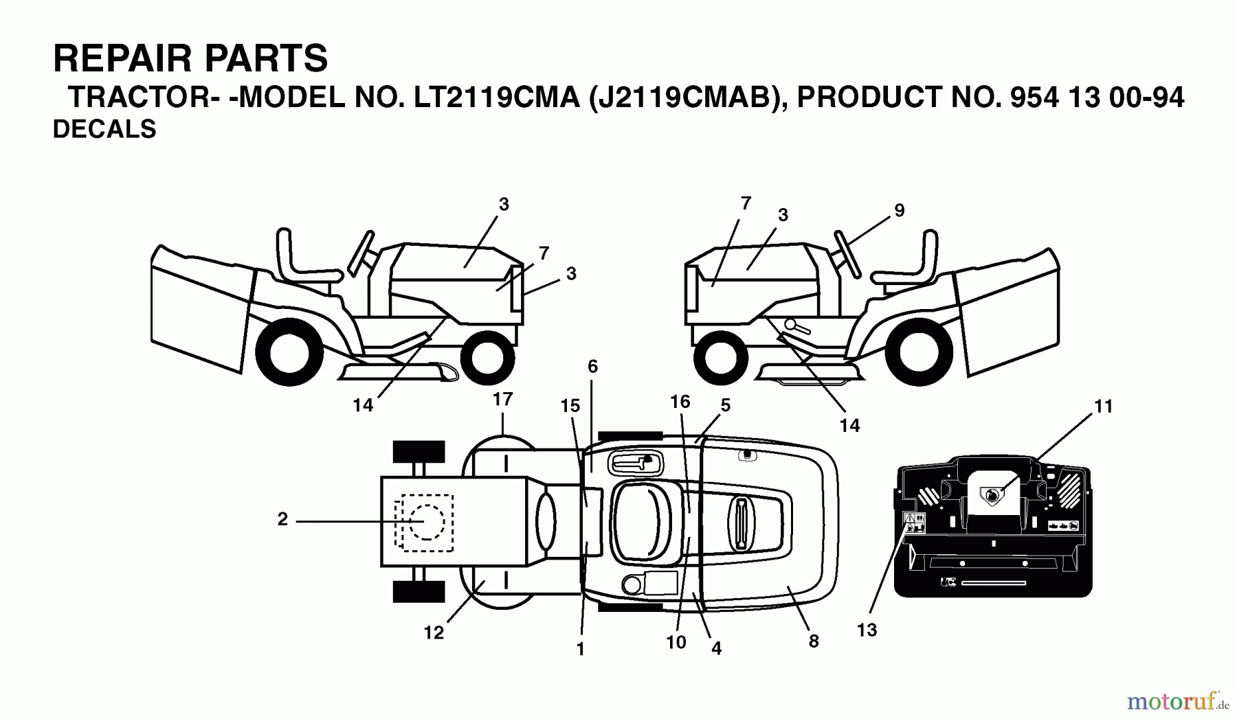 Jonsered Rasen und Garten Traktoren LT2119 CMA (J2119CMAB, 954130094) - Jonsered Lawn & Garden Tractor (2003-05) DECALS