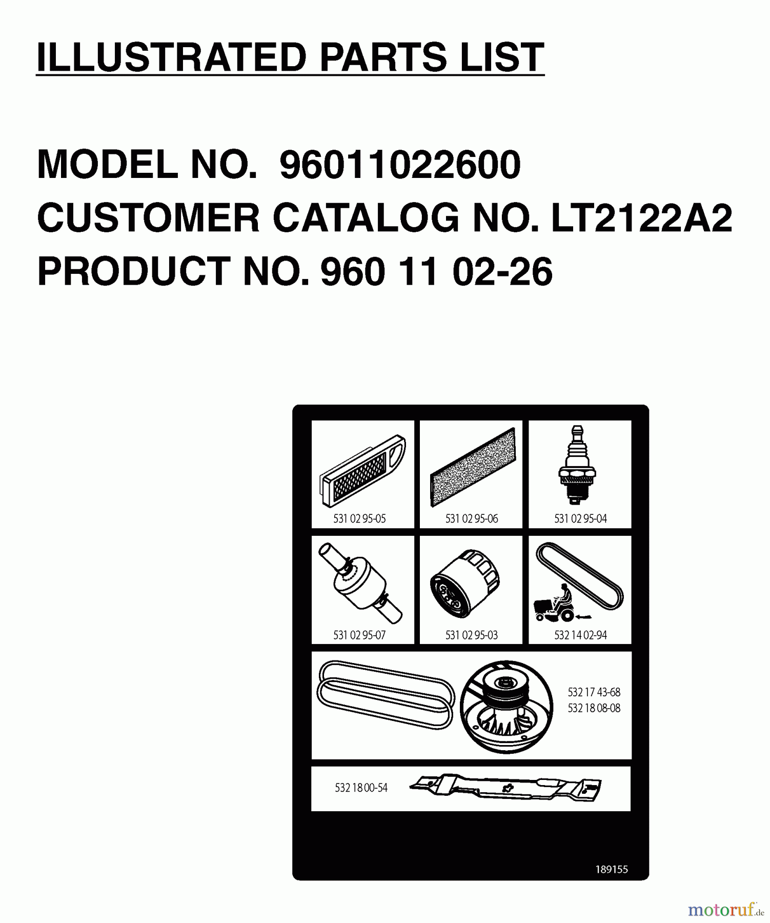 Jonsered Rasen und Garten Traktoren LT2122 A2 (96011022600) - Jonsered Lawn & Garden Tractor (2006-03) FREQUENTLY USED PARTS