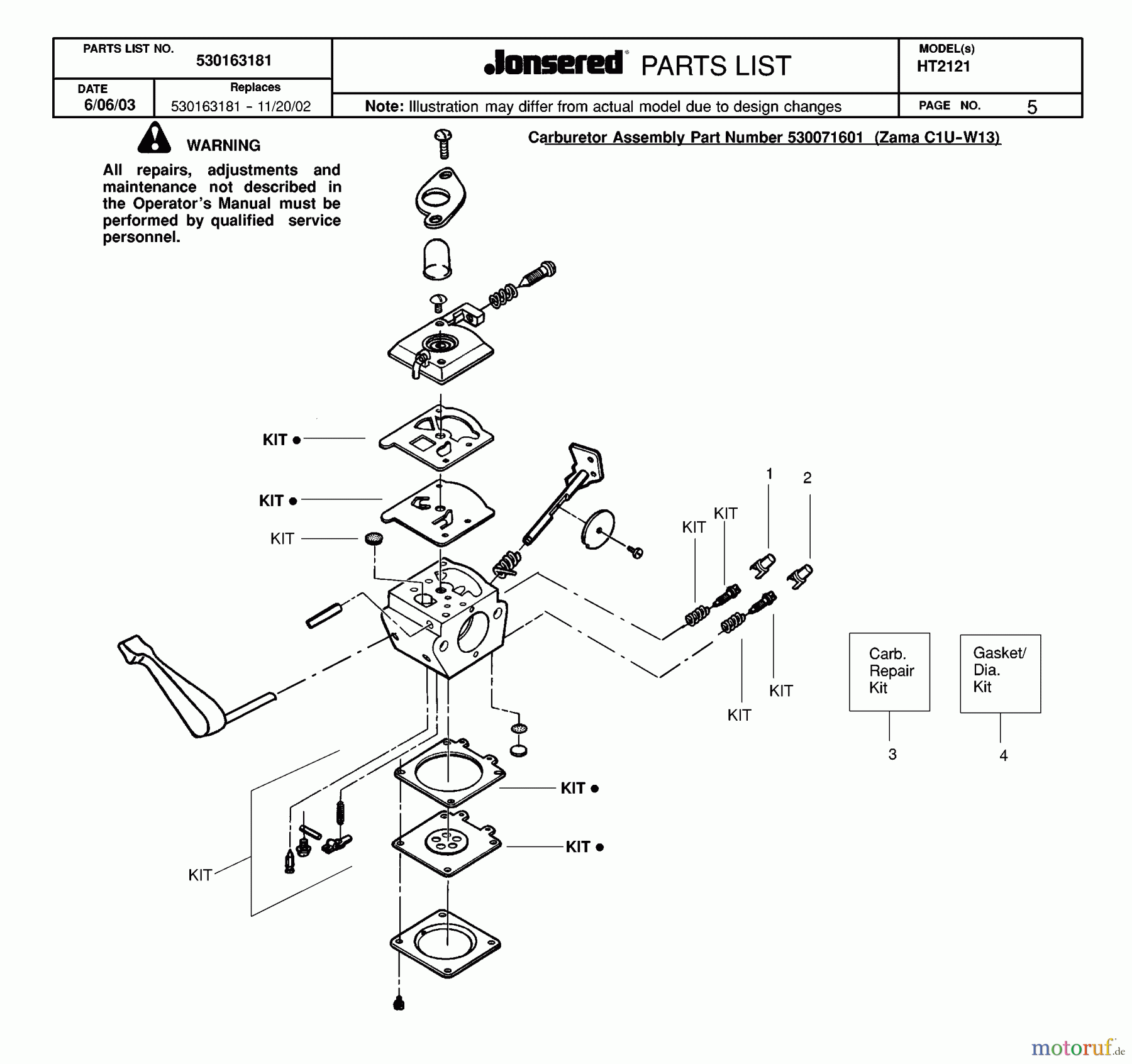Jonsered Heckenscheren HT2121 - Jonsered Hedge Trimmer (2004-01) CARBURETOR DETAILS