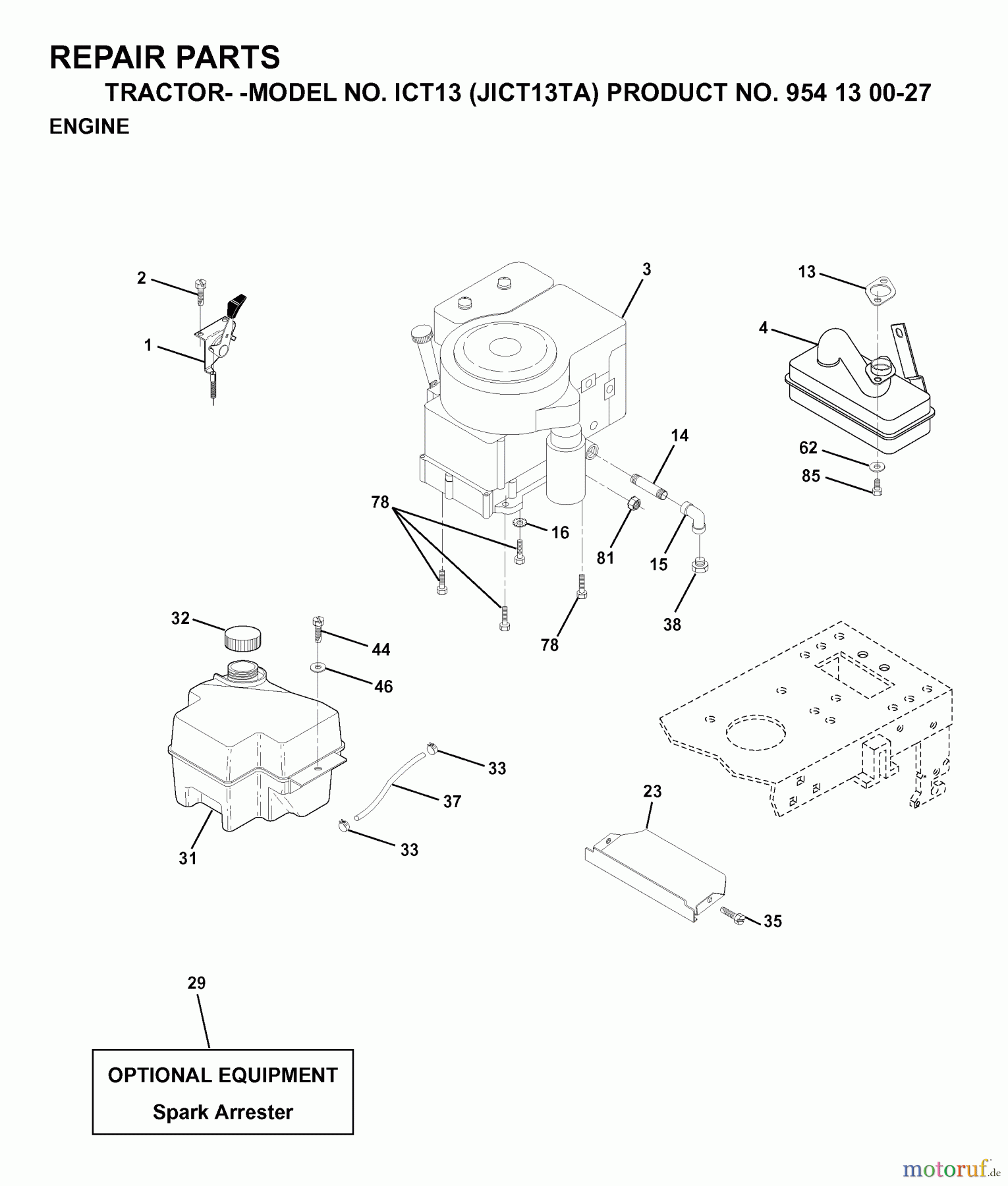 Jonsered Rasen und Garten Traktoren ICT13 (JICT13TA, 954130027) - Jonsered Lawn & Garden Tractor (1999-03) ENGINE CUTTING EQUIPMENT