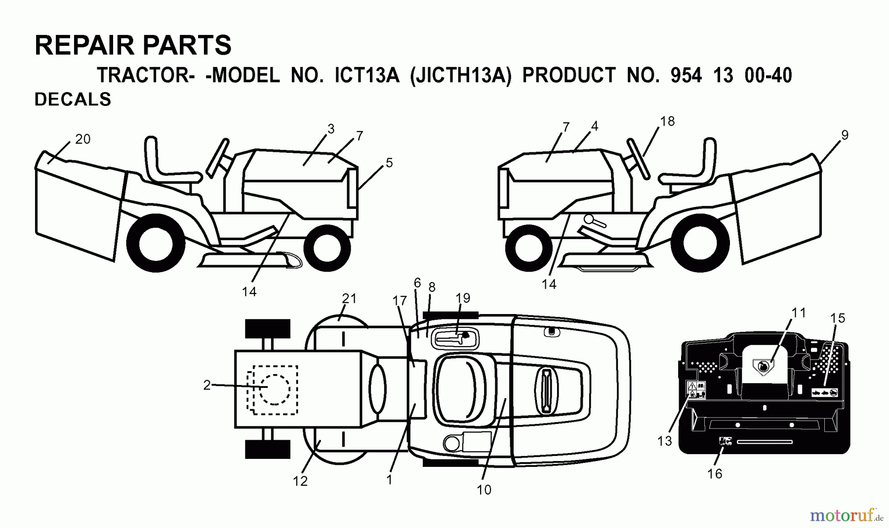 Jonsered Rasen und Garten Traktoren ICT13A (JICTH13A, 954130040) - Jonsered Lawn & Garden Tractor (2000-02) DECALS