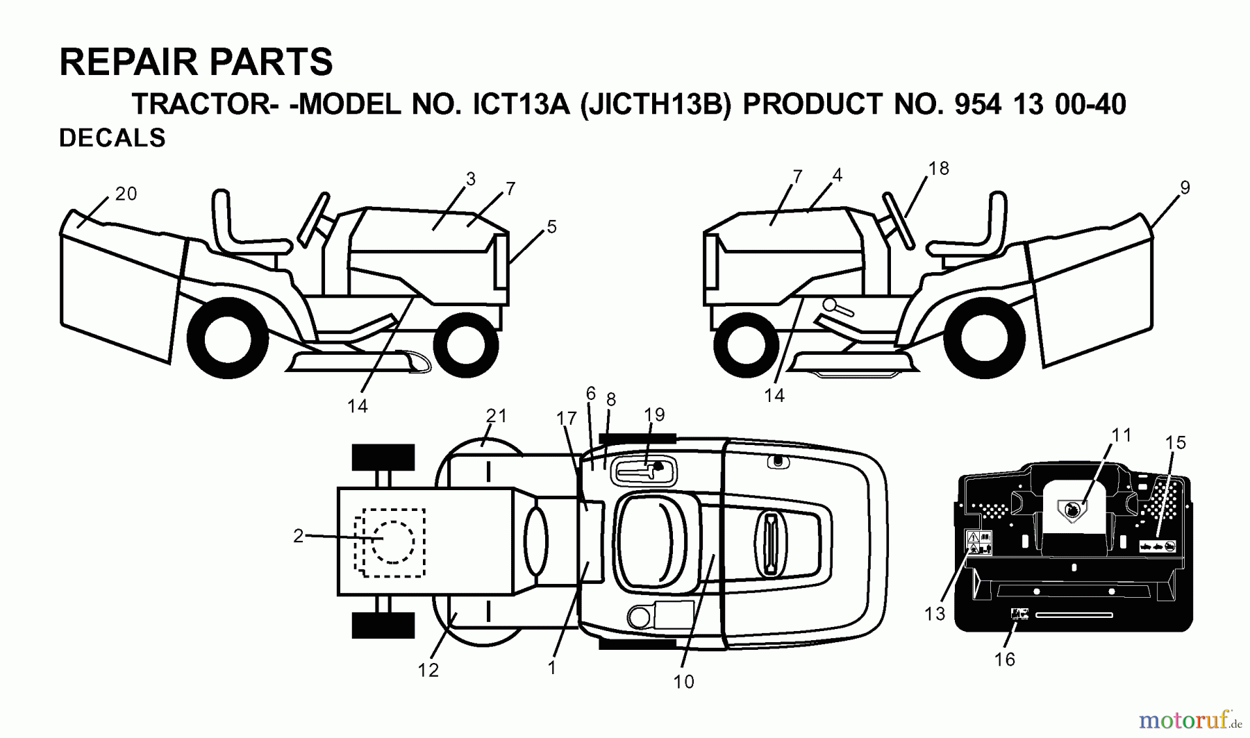 Jonsered Rasen und Garten Traktoren ICT13A (JICTH13B, 954130040) - Jonsered Lawn & Garden Tractor (2000-04) DECALS