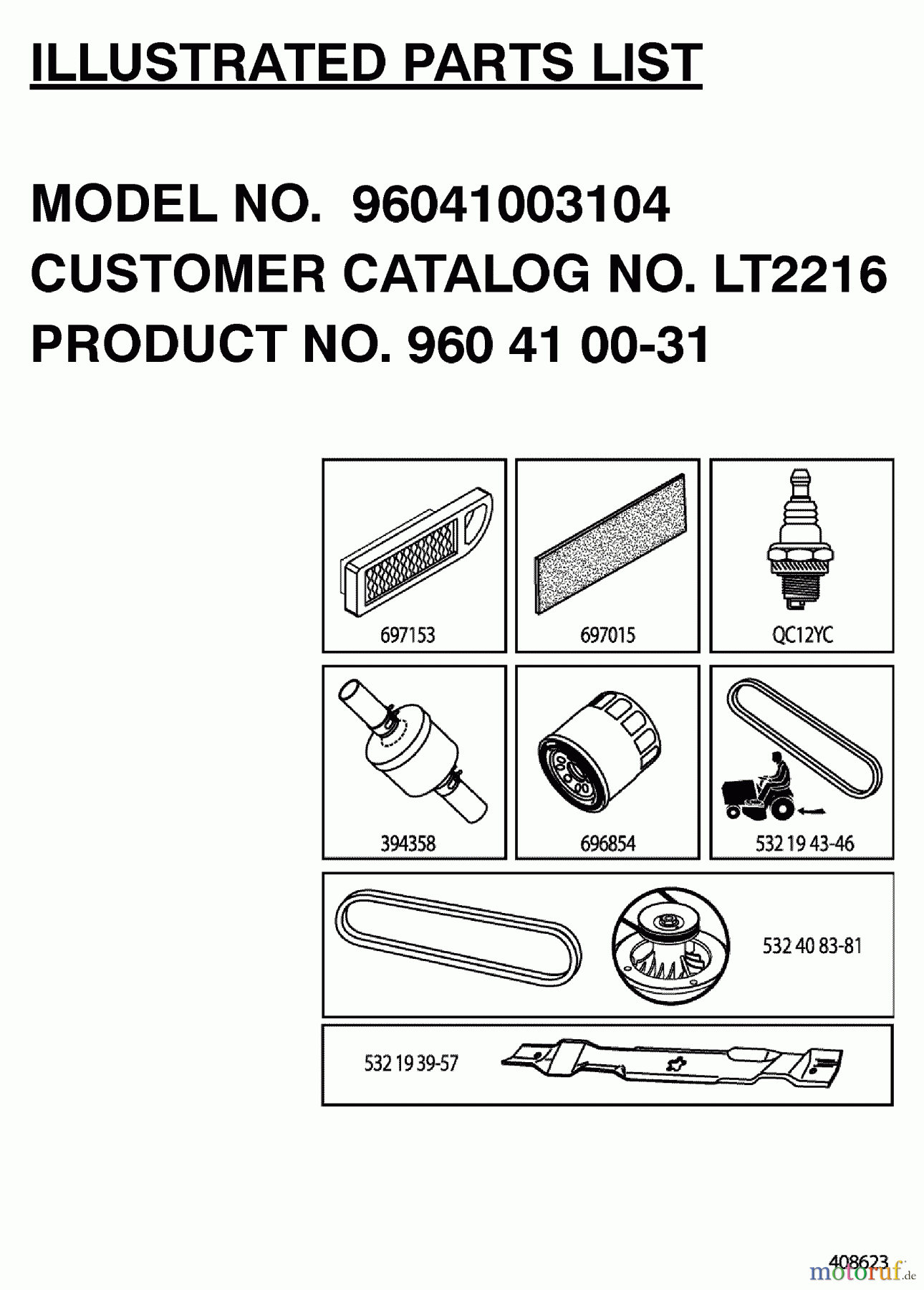 Jonsered Rasen und Garten Traktoren LT2216 (96041003104) - Jonsered Lawn & Garden Tractor (2007-10) FREQUENTLY USED PARTS