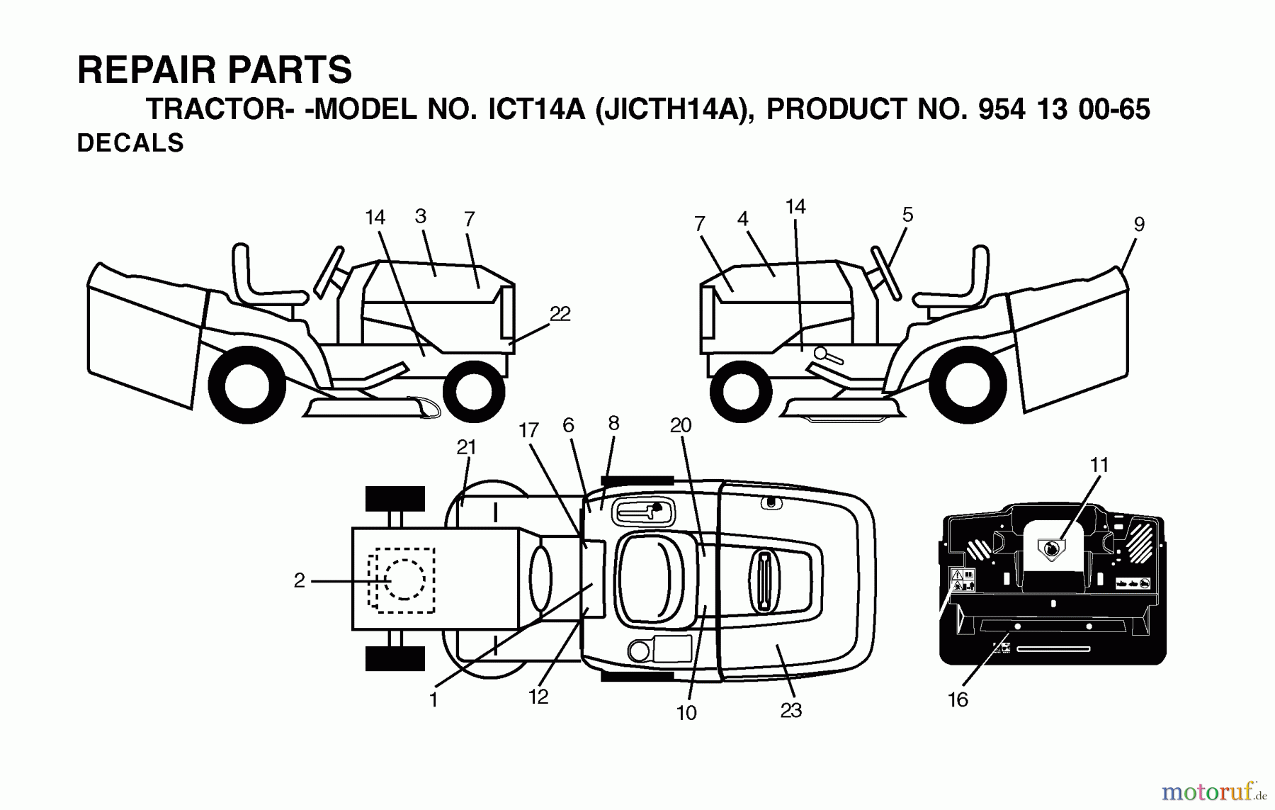  Jonsered Rasen  und Garten Traktoren ICT14A (JICTH14A, 954130065) - Jonsered Lawn & Garden Tractor (2002-02) DECALS