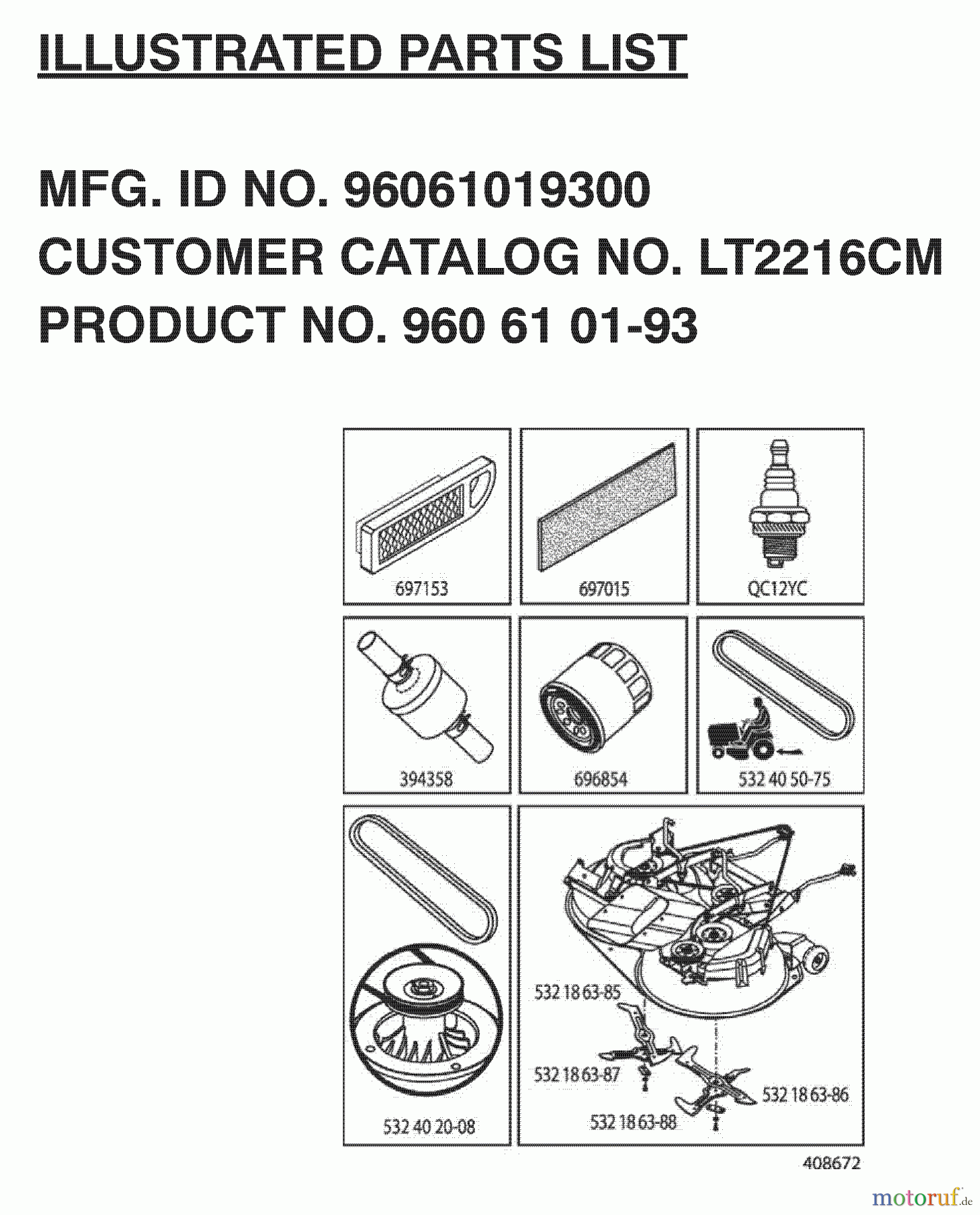 Jonsered Rasen und Garten Traktoren LT2216 CM (96061019300) - Jonsered Lawn & Garden Tractor (2008-07) FREQUENTLY USED PARTS