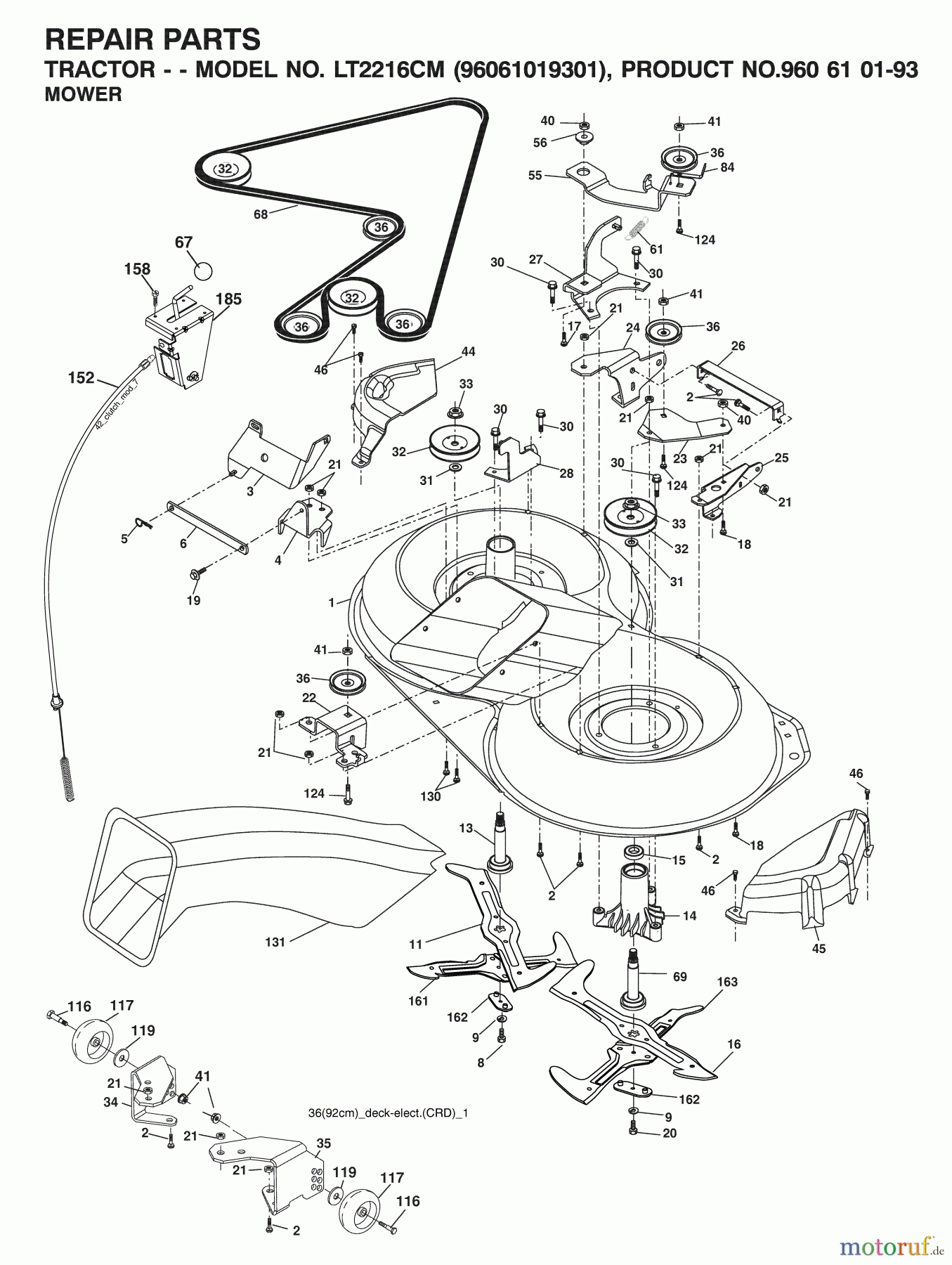 Jonsered Rasen und Garten Traktoren LT2216 CM (96061019301) - Jonsered Lawn & Garden Tractor (2007-04) MOWER DECK / CUTTING DECK