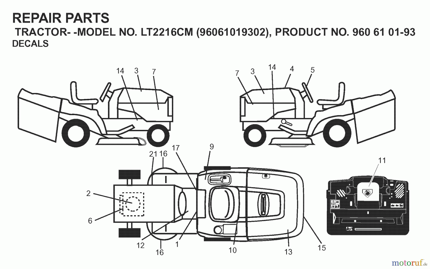 Jonsered Rasen und Garten Traktoren LT2216 CM (96061019302) - Jonsered Lawn & Garden Tractor (2007-11) DECALS