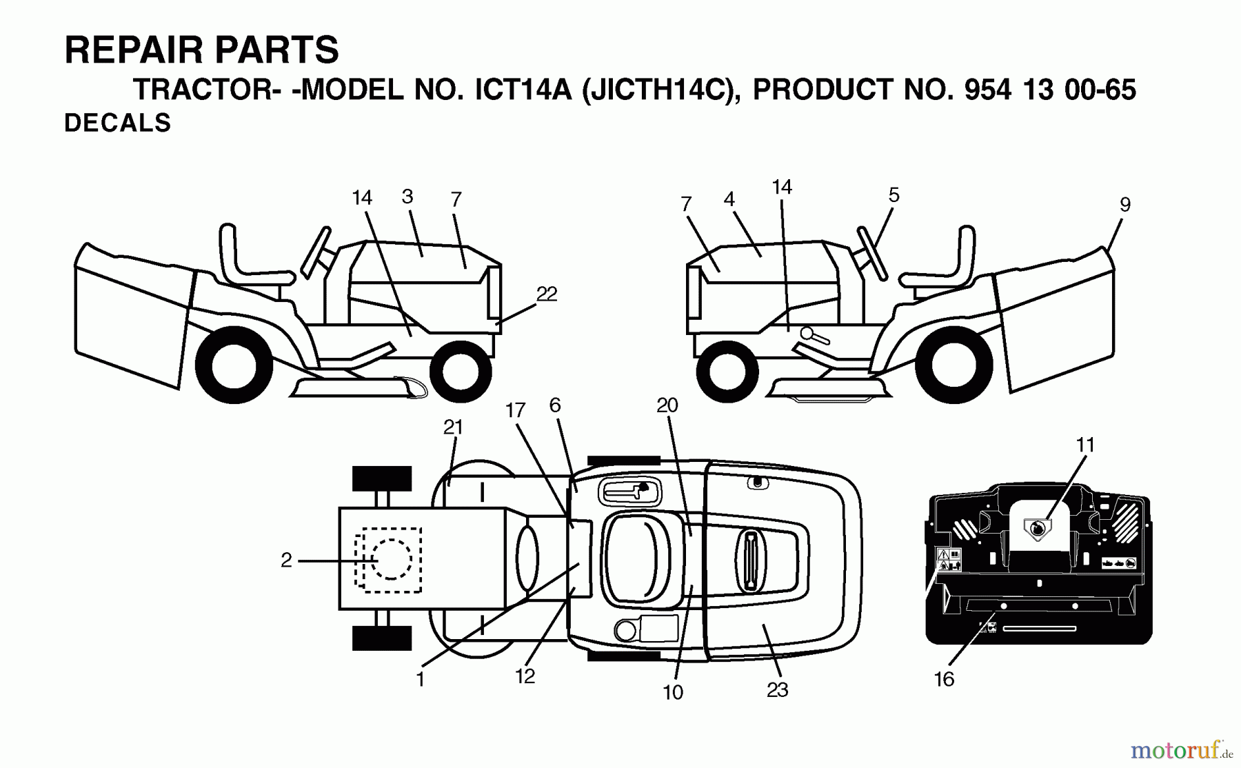 Jonsered Rasen und Garten Traktoren ICT14A (JICTH14C, 954130065) - Jonsered Lawn & Garden Tractor (2002-03) DECALS