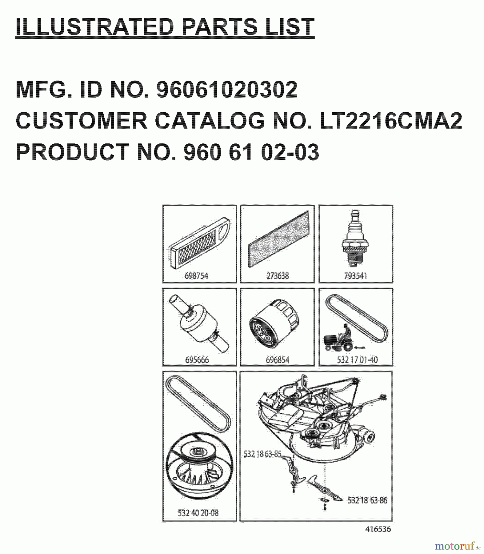  Jonsered Rasen  und Garten Traktoren LT2216 CMA2 (960610203, 96061020302) - Jonsered Lawn & Garden Tractor (2008-01) FREQUENTLY USED PARTS