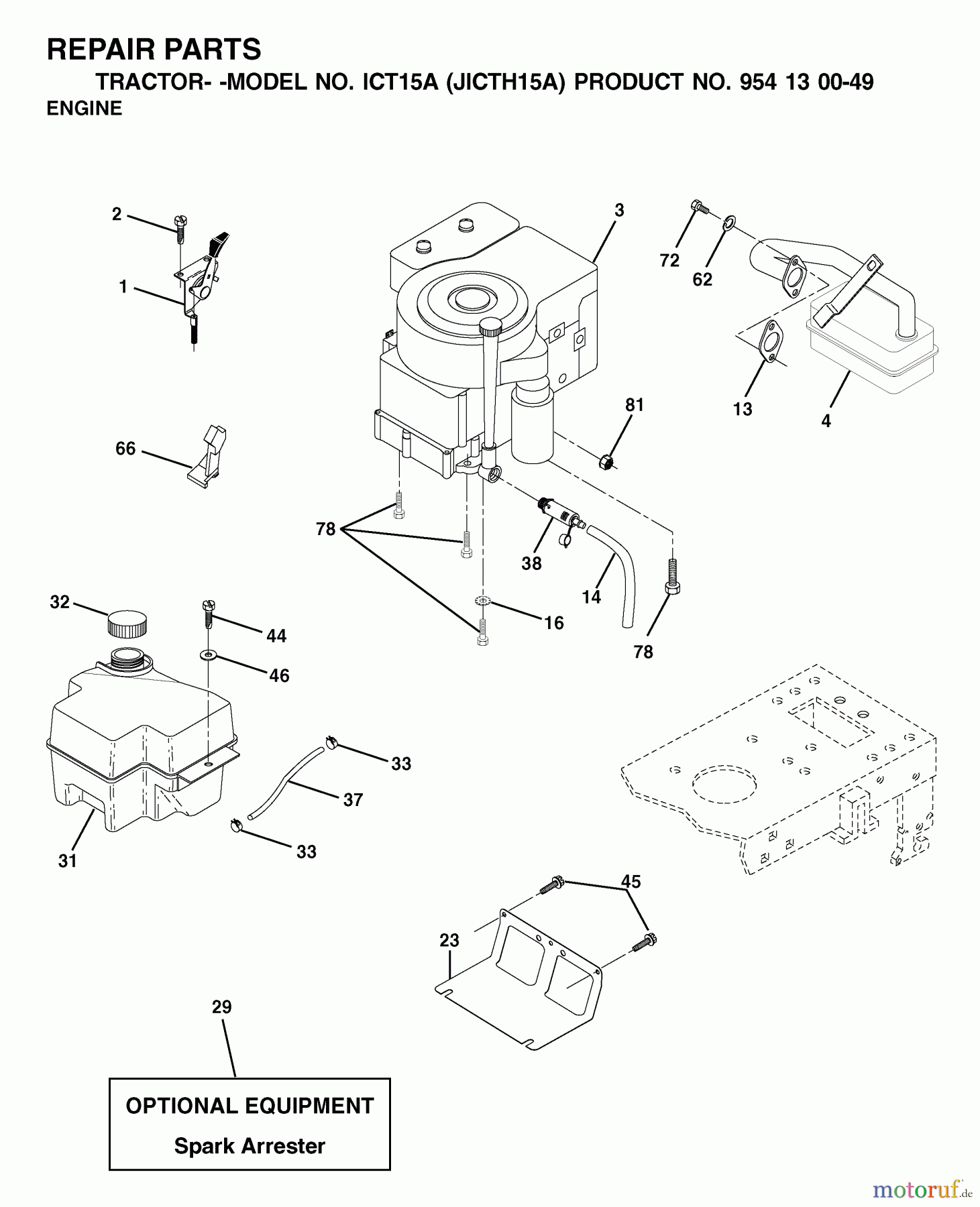 Jonsered Rasen und Garten Traktoren ICT15A (JICTH15A, 954130049) - Jonsered Lawn & Garden Tractor (2001-02) ENGINE CUTTING EQUIPMENT