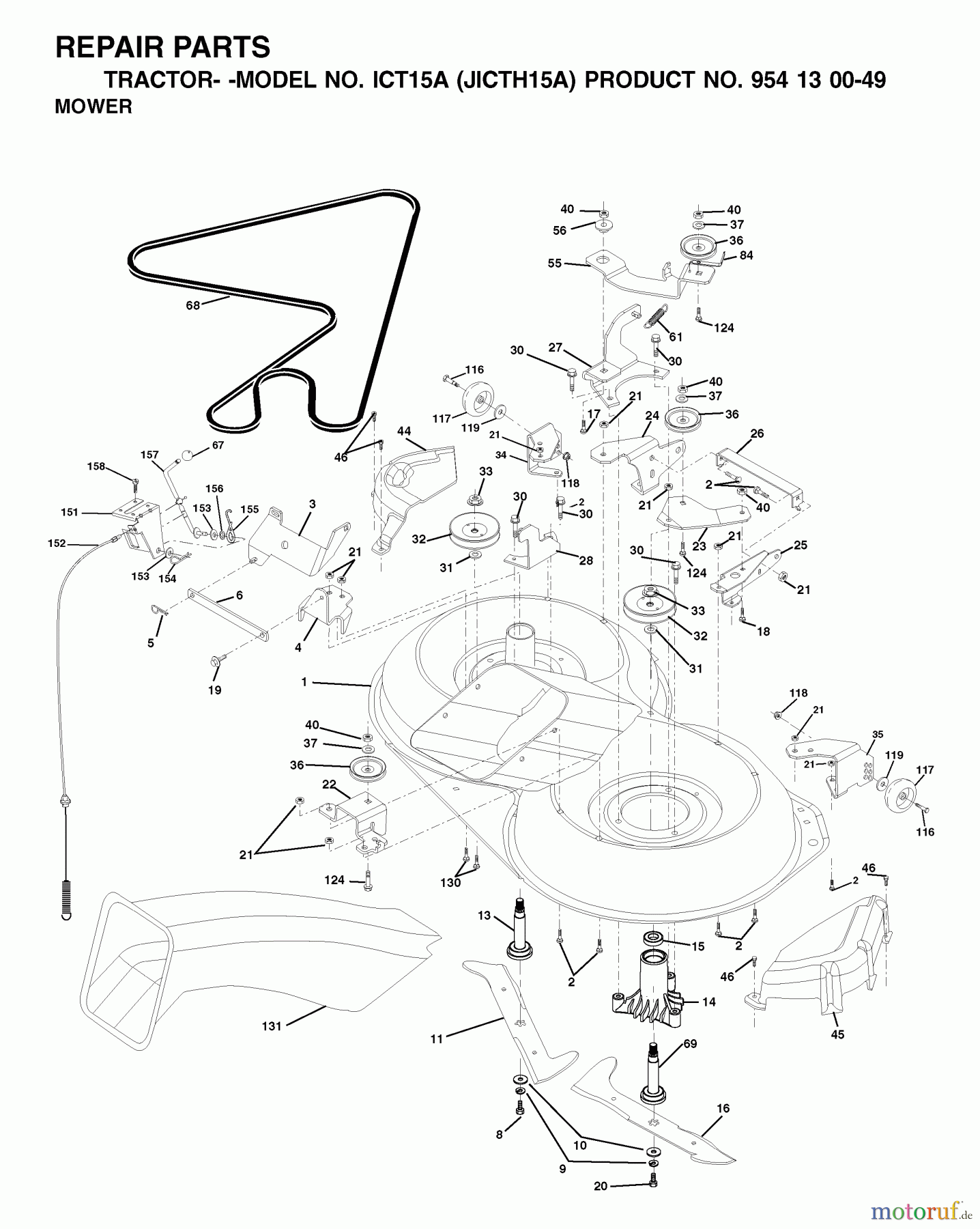 Jonsered Rasen und Garten Traktoren ICT15A (JICTH15A, 954130049) - Jonsered Lawn & Garden Tractor (2001-02) MOWER DECK / CUTTING DECK