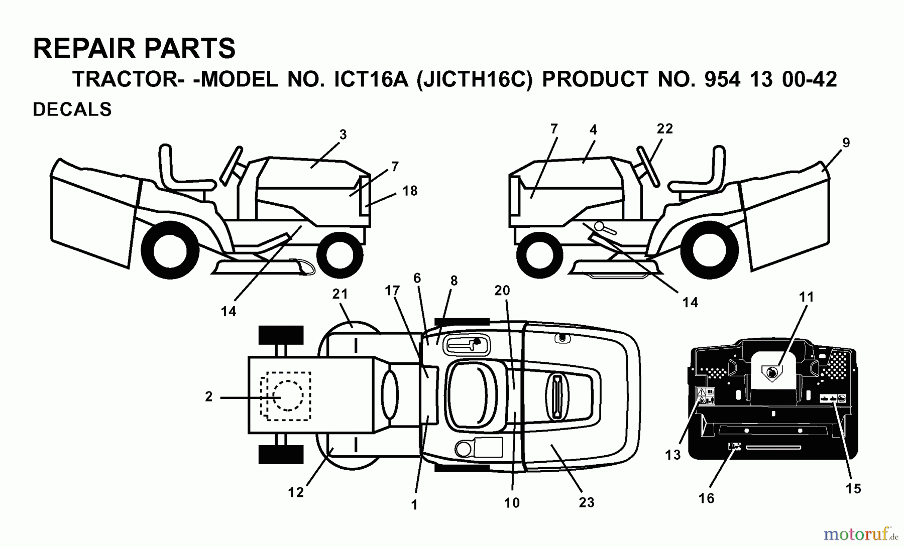 Jonsered Rasen und Garten Traktoren ICT16A (JICTH16C, 954130042) - Jonsered Lawn & Garden Tractor (2000-02) DECALS