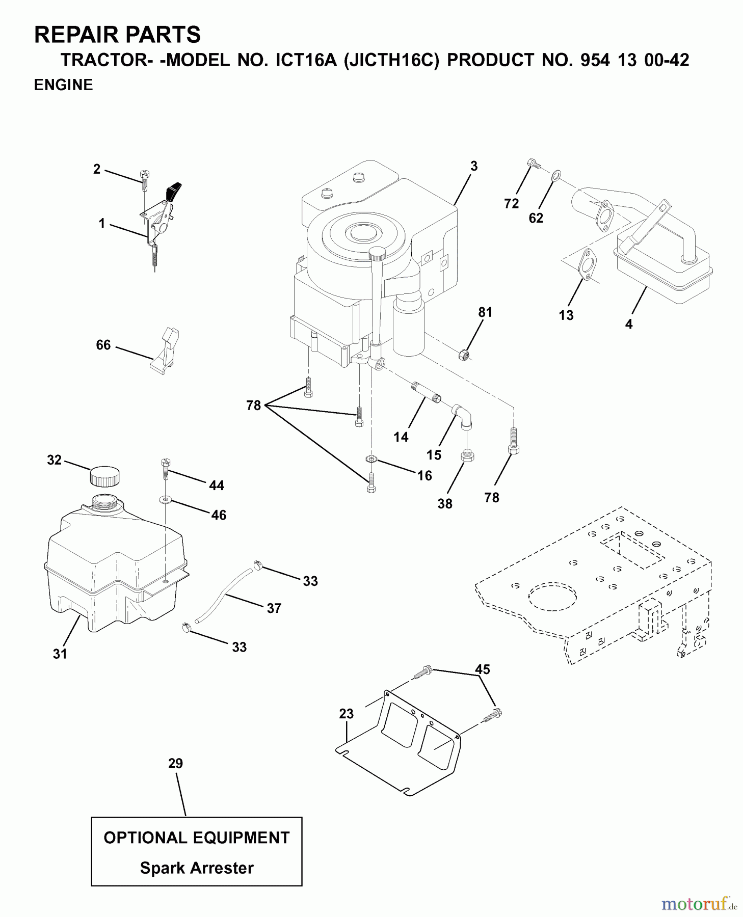 Jonsered Rasen und Garten Traktoren ICT16A (JICTH16C, 954130042) - Jonsered Lawn & Garden Tractor (2000-02) ENGINE CUTTING EQUIPMENT