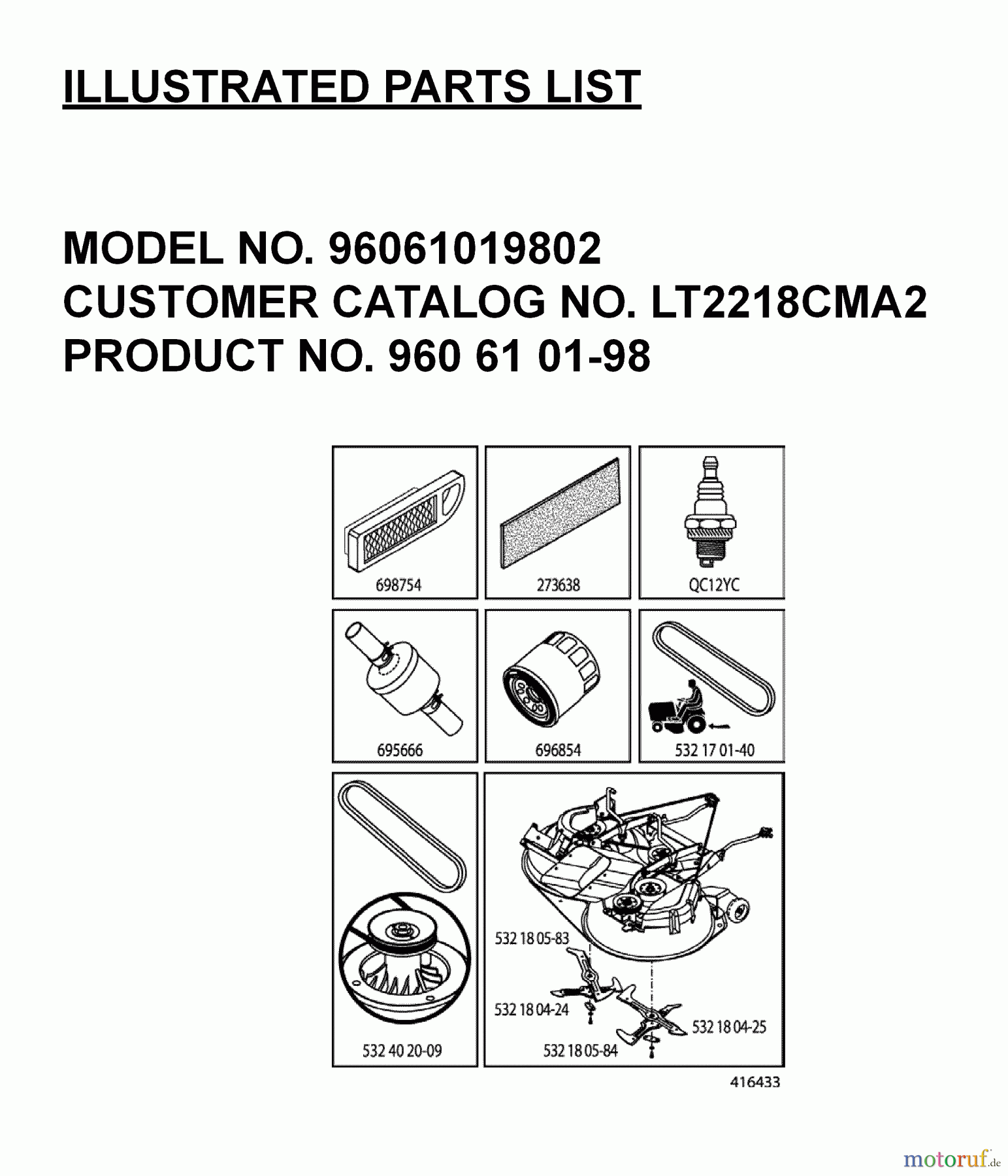  Jonsered Rasen  und Garten Traktoren LT2218 CMA2 (96061019903) - Jonsered Lawn & Garden Tractor (2007-10) FREQUENTLY USED PARTS