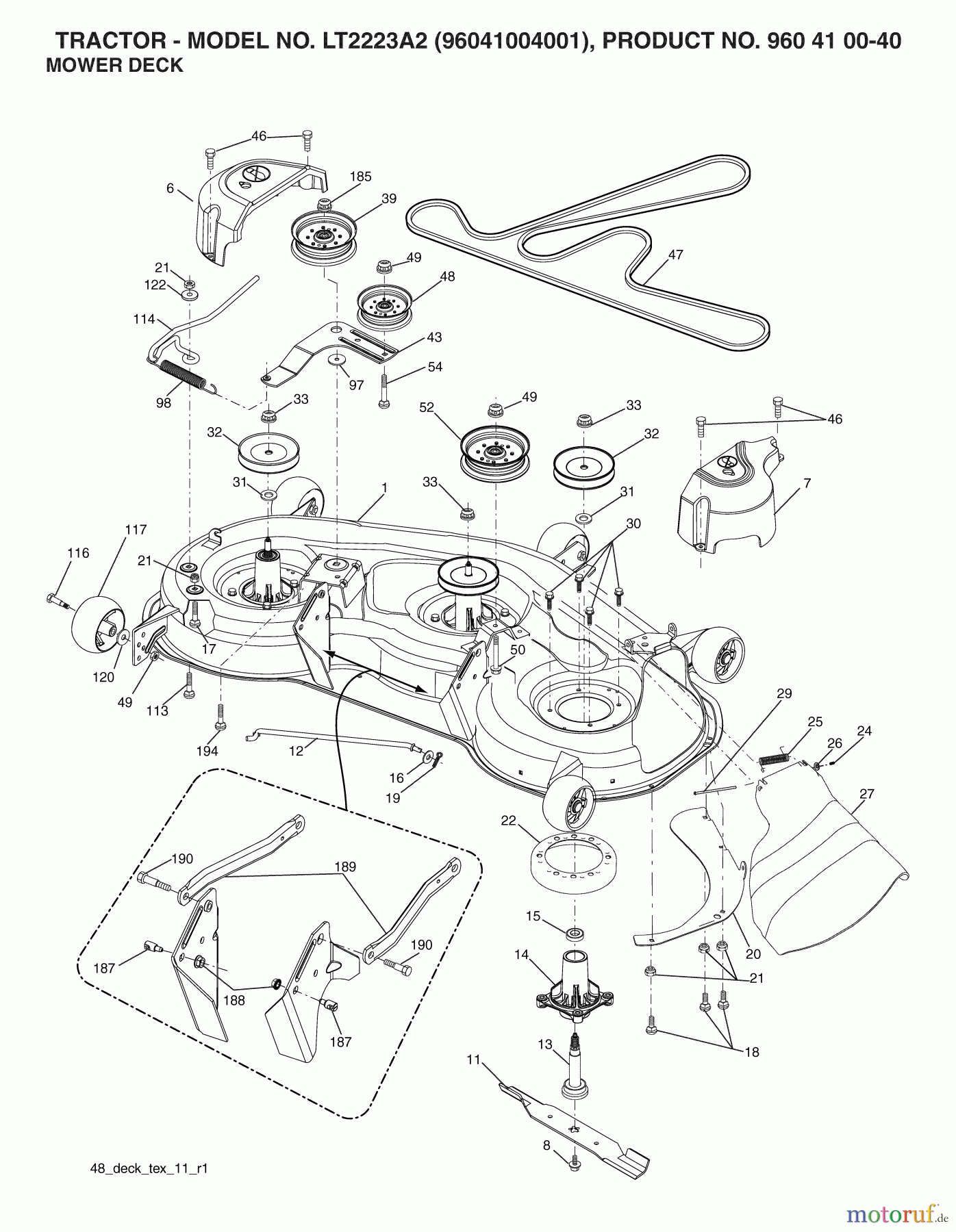 Jonsered Rasen und Garten Traktoren LT2223 A2 (960410040, 96041004001) - Jonsered Lawn & Garden Tractor (2007-05) MOWER DECK / CUTTING DECK