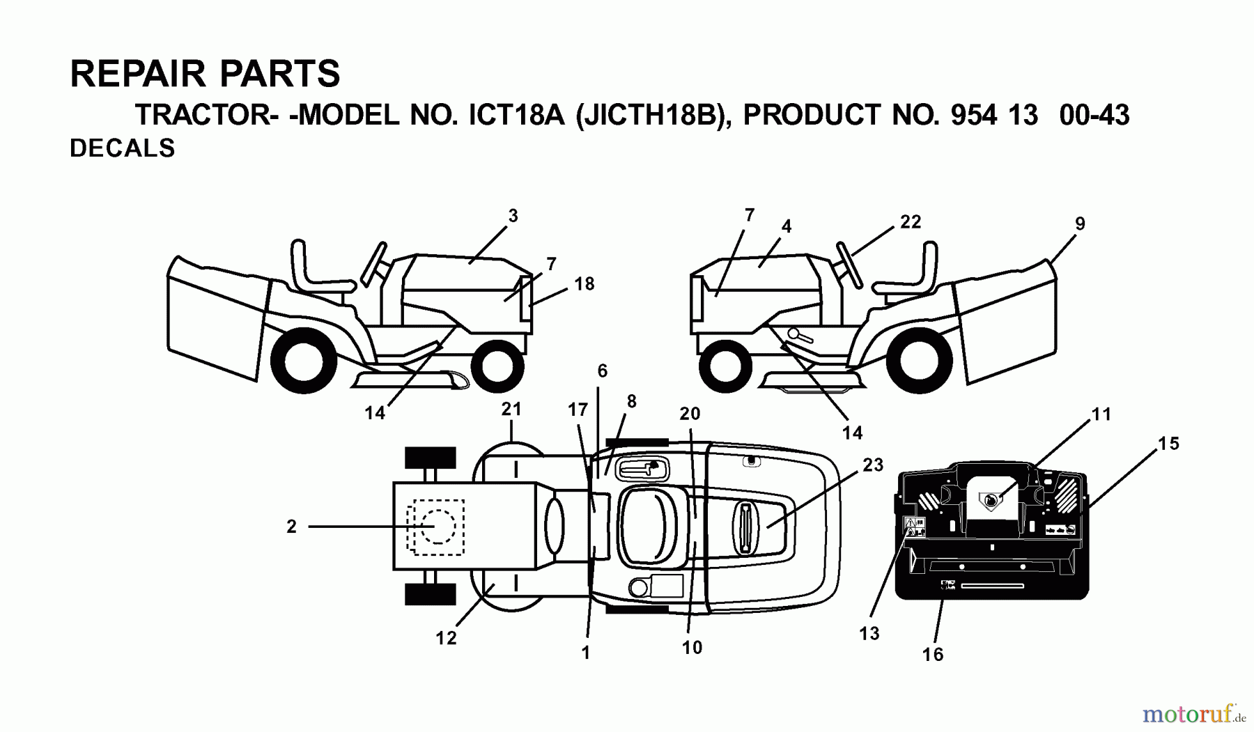 Jonsered Rasen und Garten Traktoren ICT18A (JICTH18B, 954130043) - Jonsered Lawn & Garden Tractor (2001-02) DECALS