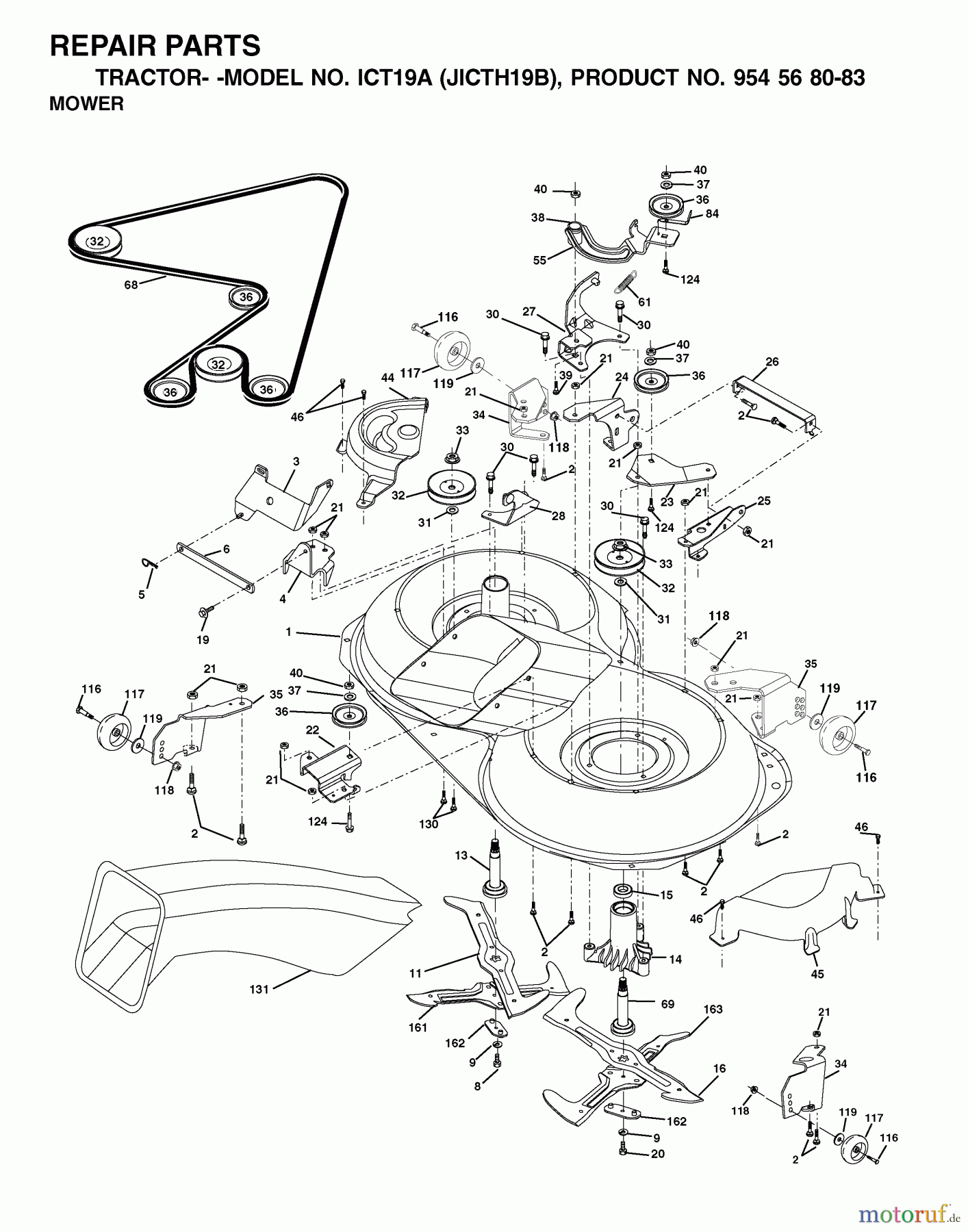 Jonsered Rasen und Garten Traktoren ICT19A (JICTH19B, 954568083) - Jonsered Lawn & Garden Tractor (2002-03) MOWER DECK / CUTTING DECK