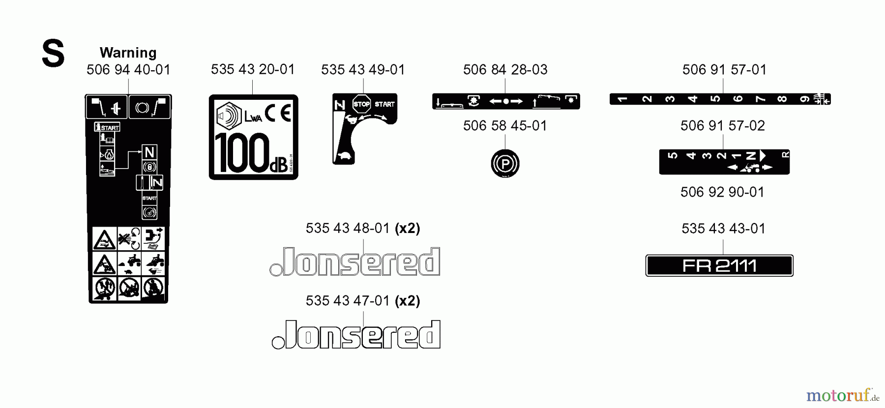 Jonsered Reitermäher FR2111 (953535101) - Jonsered Rear-Engine Riding Mower (2004-01) DECALS