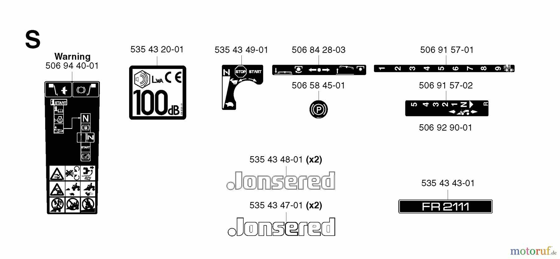 Jonsered Reitermäher FR2111 - Jonsered Rear-Engine Riding Mower (2003-01) DECALS