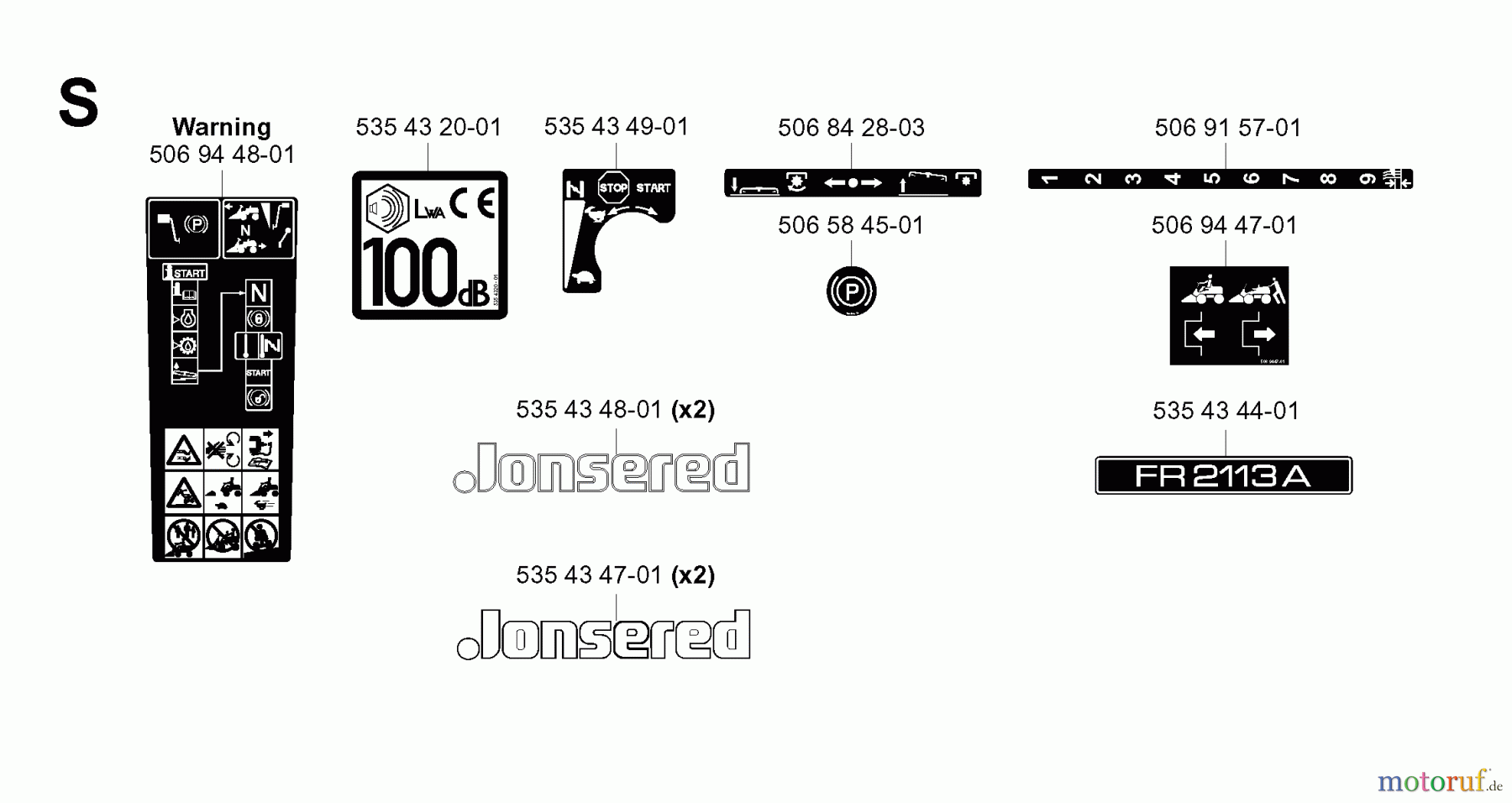 Jonsered Reitermäher FR2113 A (953535201) - Jonsered Rear-Engine Riding Mower (2004-01) DECALS