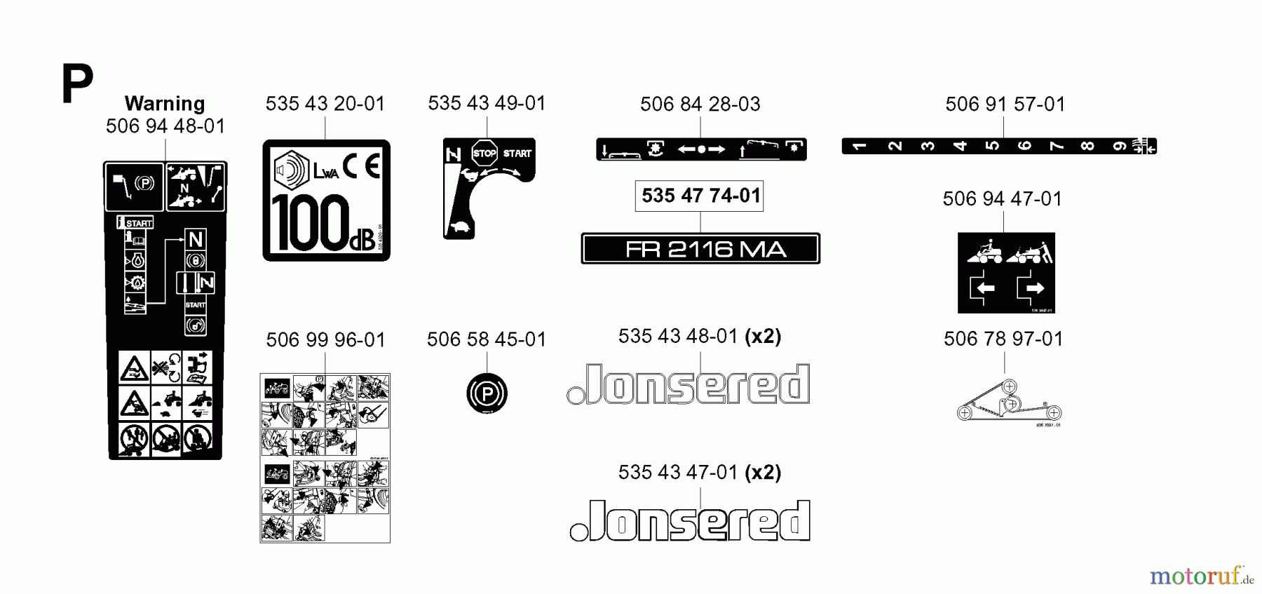 Jonsered Reitermäher FR2116 MA (953535401) - Jonsered Rear-Engine Riding Mower (2004-01) DECALS