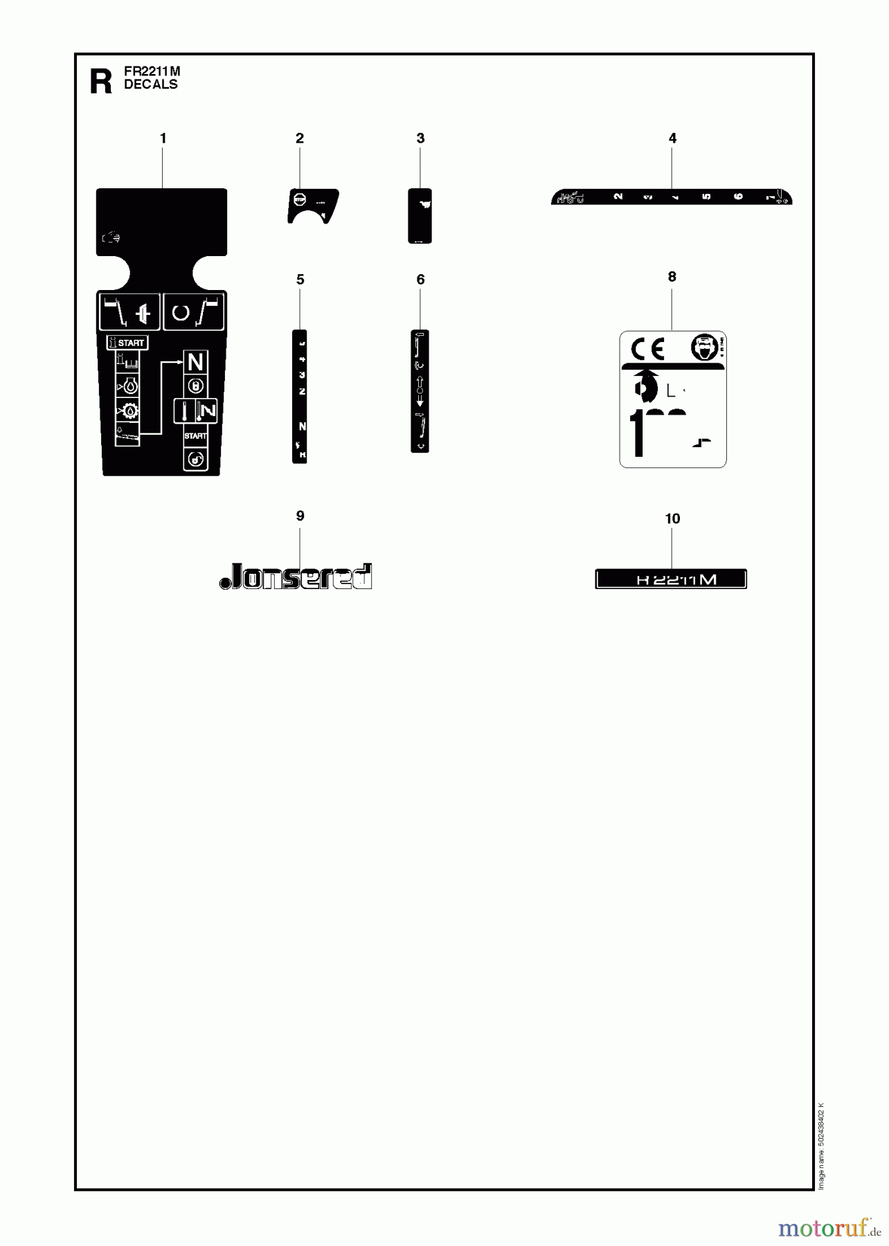  Jonsered Reitermäher FR2211 M (965190201) - Jonsered Rear-Engine Riding Mower (2010-06) DECALS