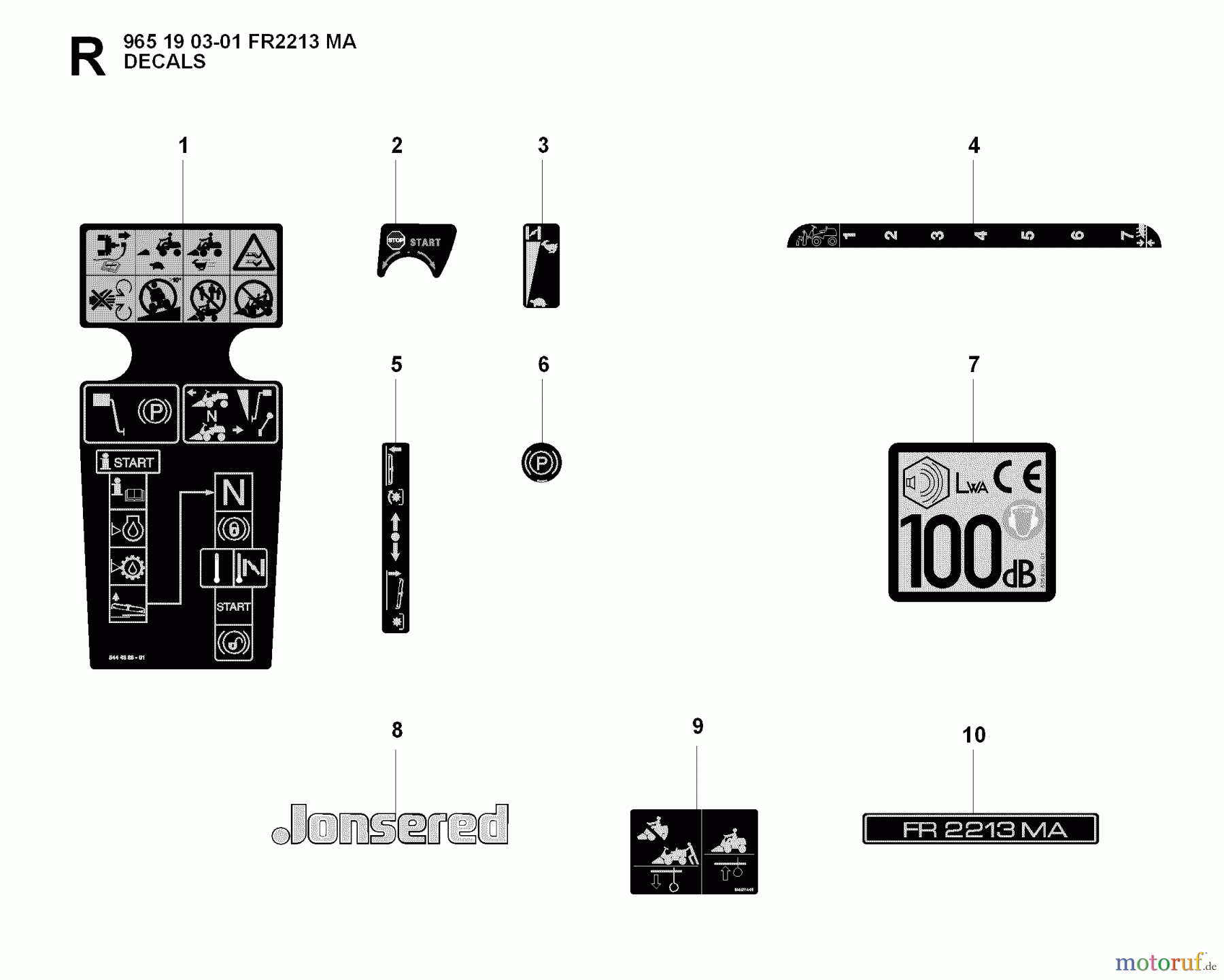Jonsered Reitermäher FR2213 MA (965190301) - Jonsered Rear-Engine Riding Mower (2008-01) DECALS
