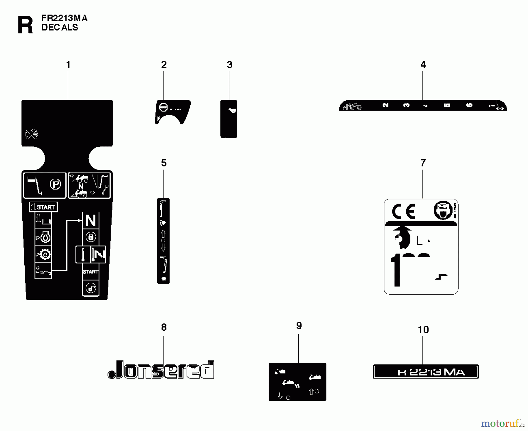 Jonsered Reitermäher FR2213 MA (965190301) - Jonsered Rear-Engine Riding Mower (2010-07) DECALS
