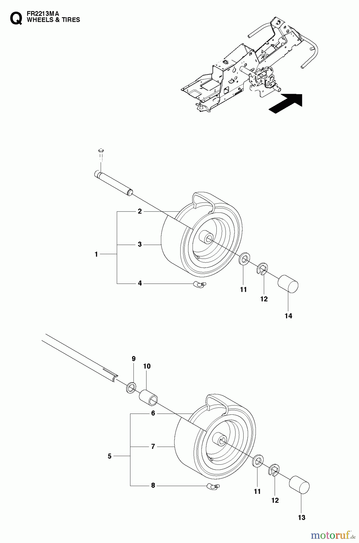 Jonsered Reitermäher FR2213 MA (965190301) - Jonsered Rear-Engine Riding Mower (2010-07) WHEELS TIRES