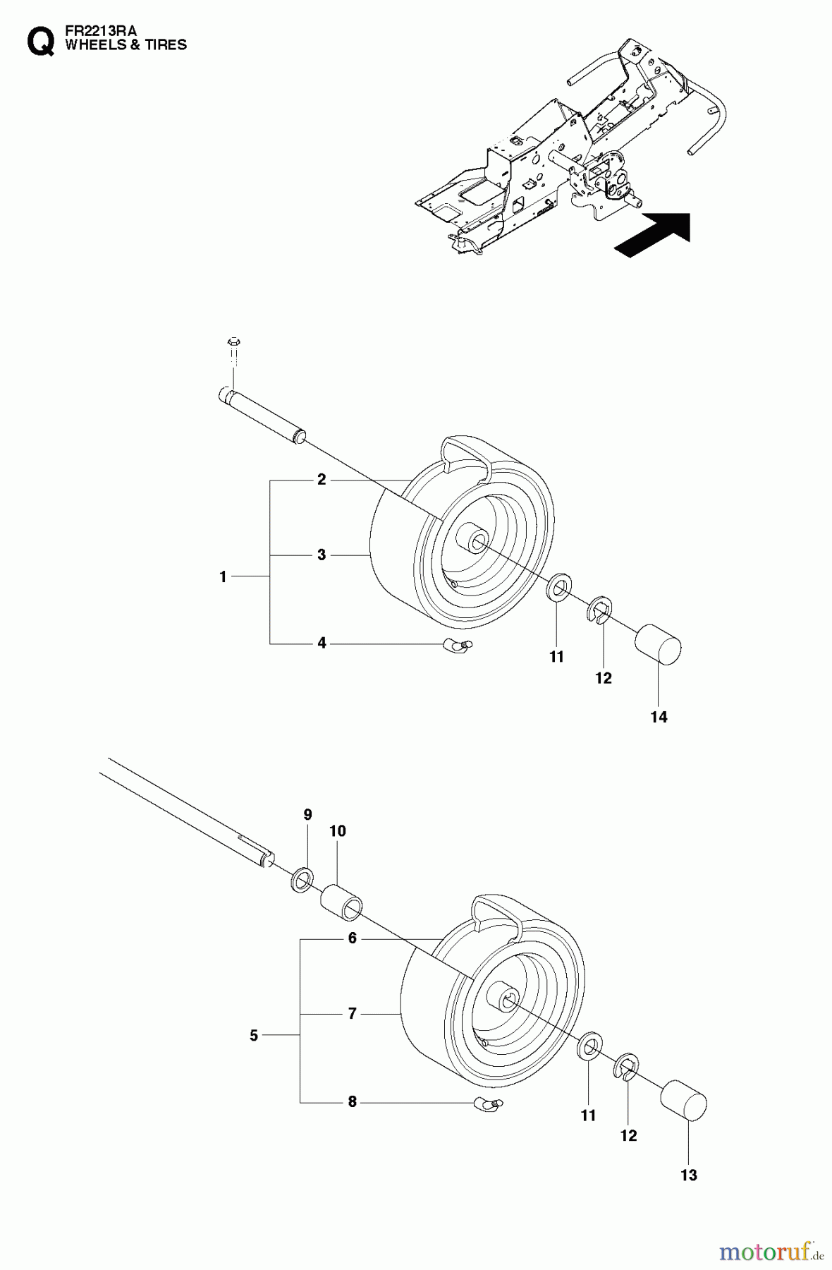 Jonsered Reitermäher FR2213 RA (966632001) - Jonsered Rear-Engine Riding Mower (2012) WHEELS TIRES