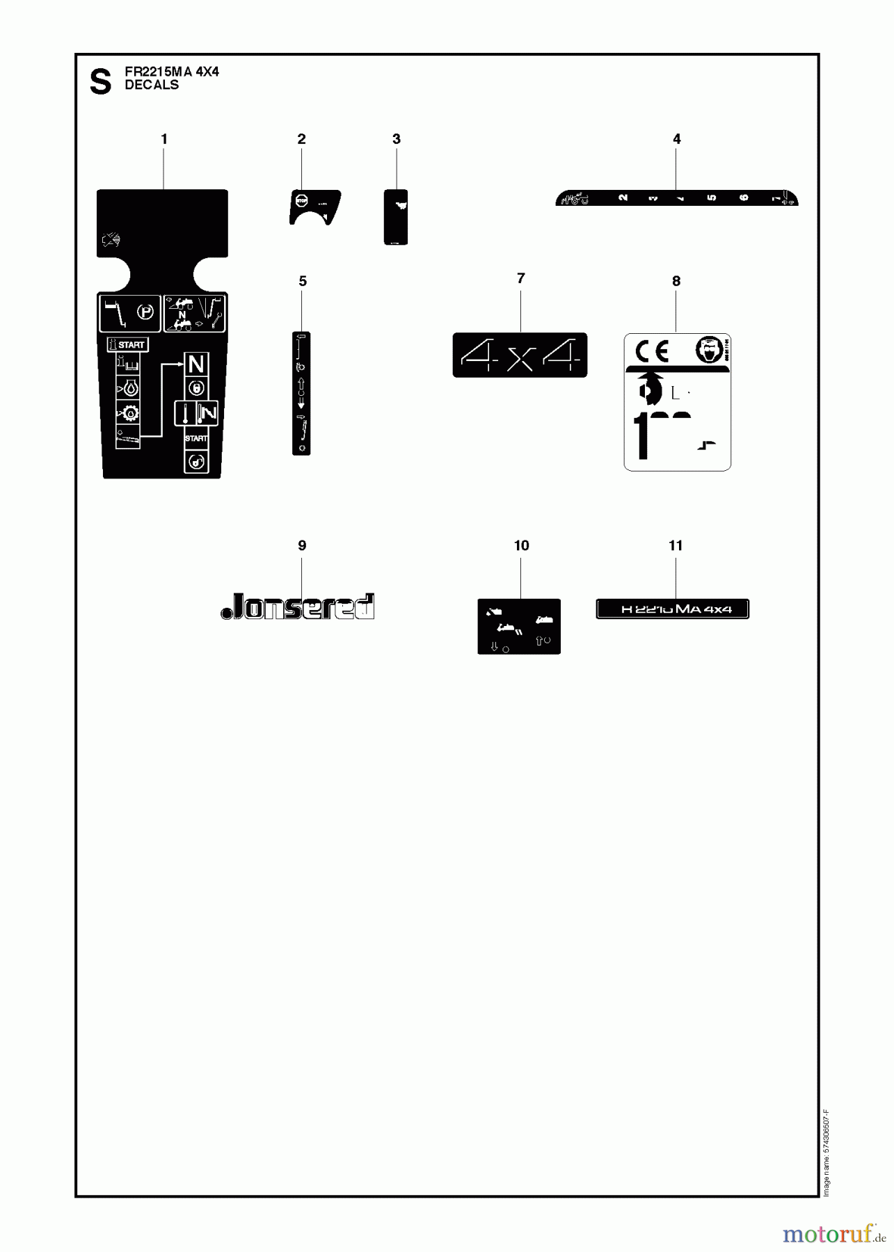  Jonsered Reitermäher FR2215 MA 4x4 (966632201) - Jonsered Rear-Engine Riding Mower (2011) DECALS