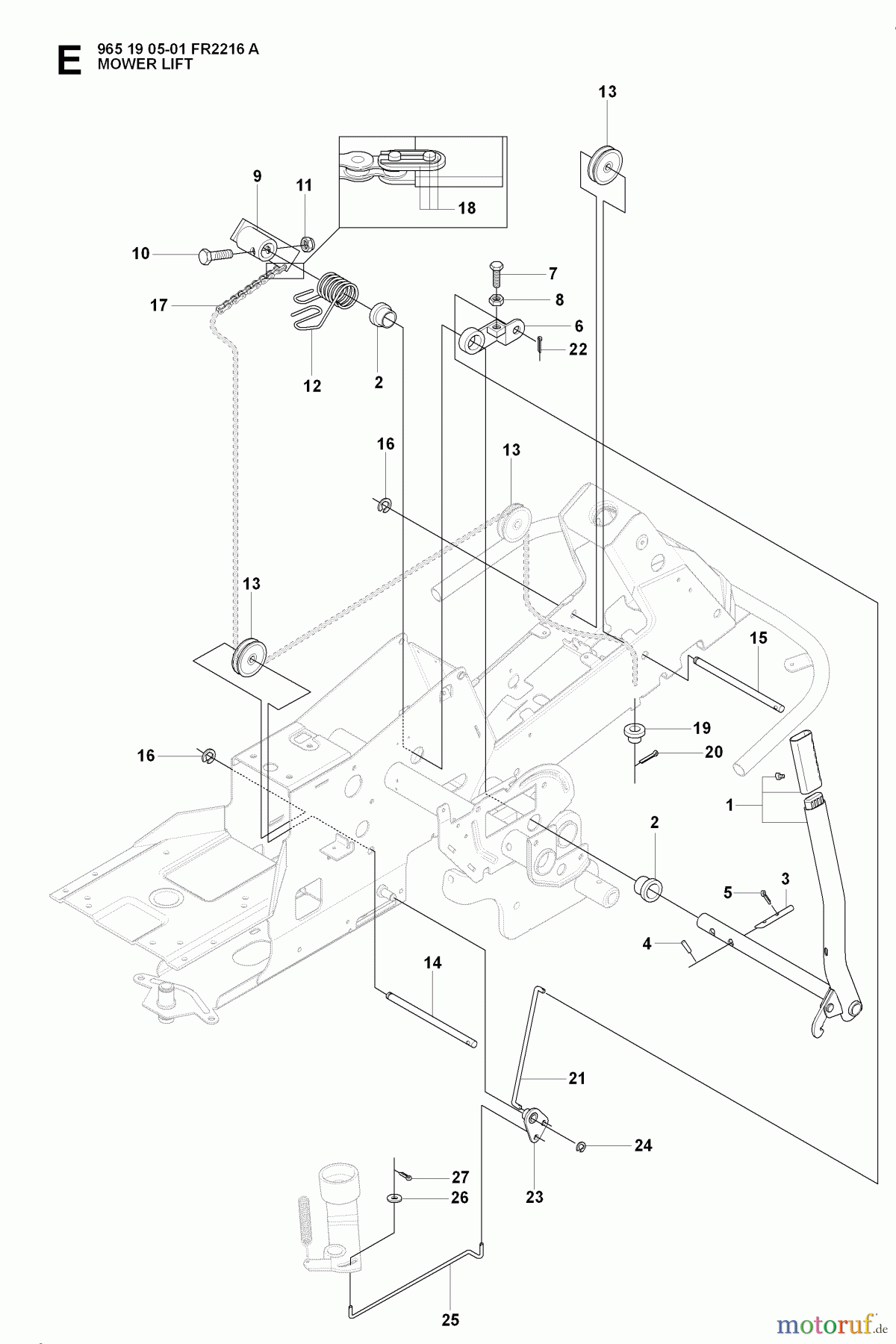 Jonsered Reitermäher FR2216 A (965190501) - Jonsered Rear-Engine Riding Mower (2008-01) MOWER LIFT / DECK LIFT