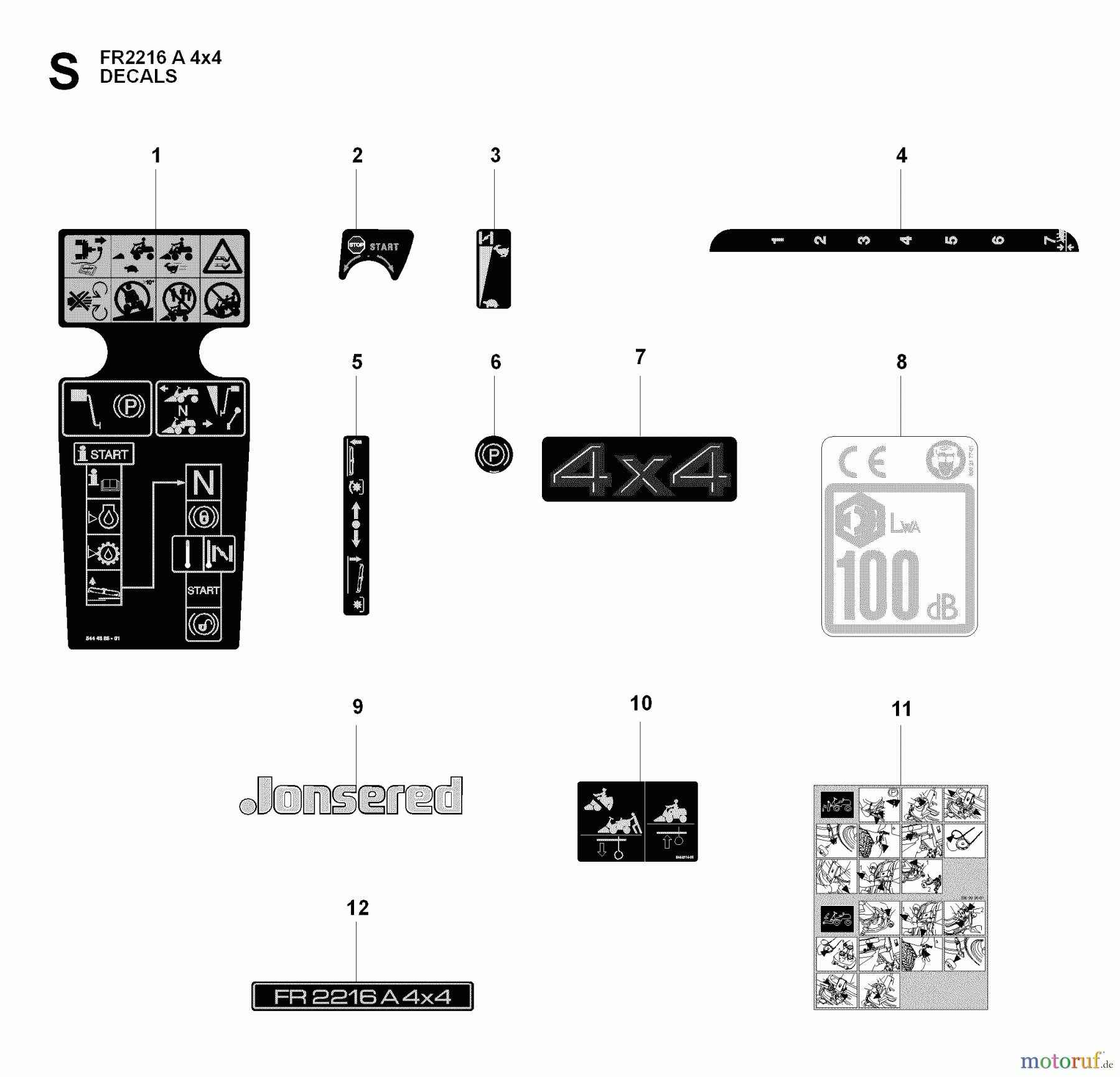 Jonsered Reitermäher FR2216 A 4X4 - Jonsered Rear-Engine Riding Mower (2009-04) DECALS