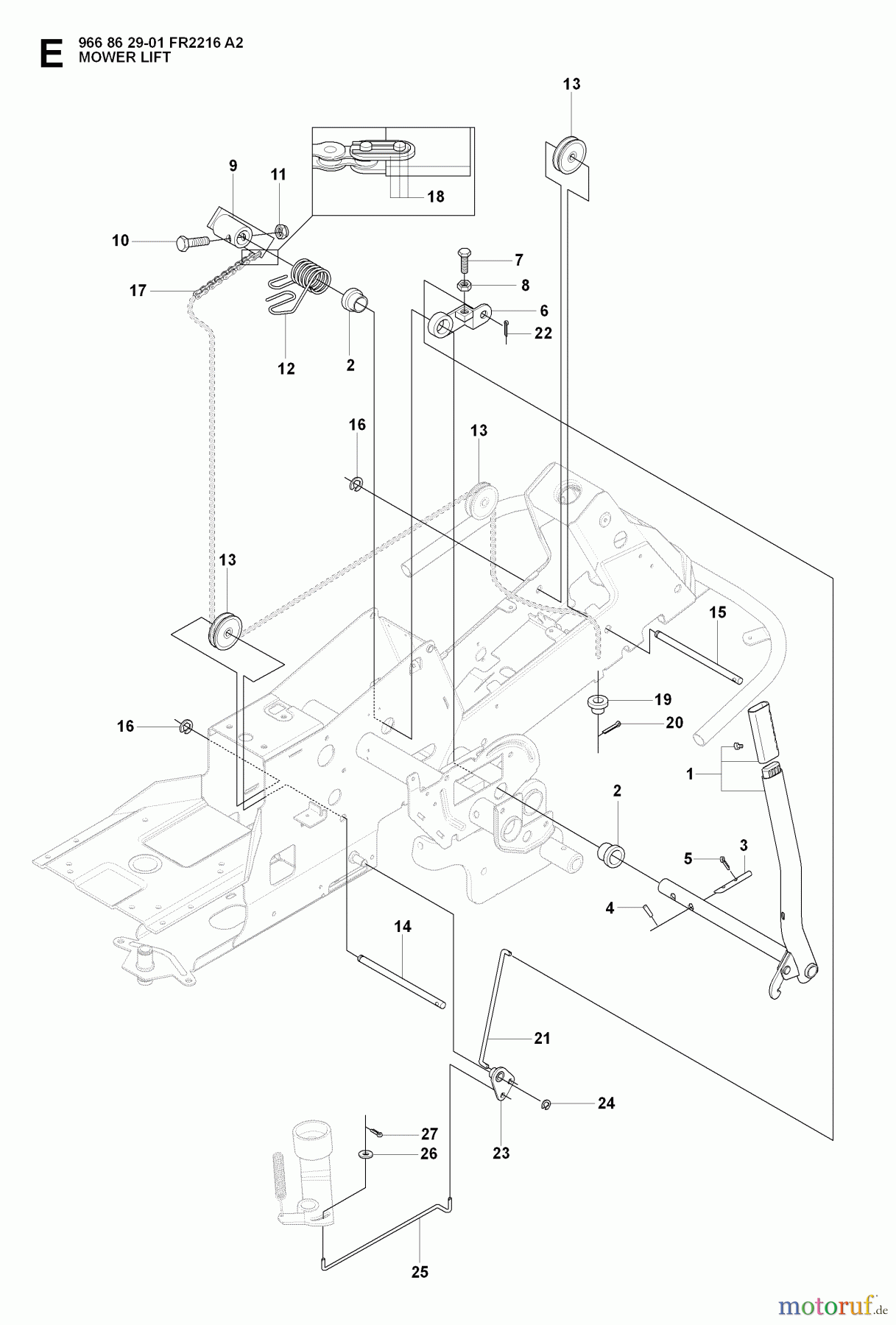 Jonsered Reitermäher FR2216 A2 (966862901) - Jonsered Rear-Engine Riding Mower (2008-01) MOWER LIFT / DECK LIFT