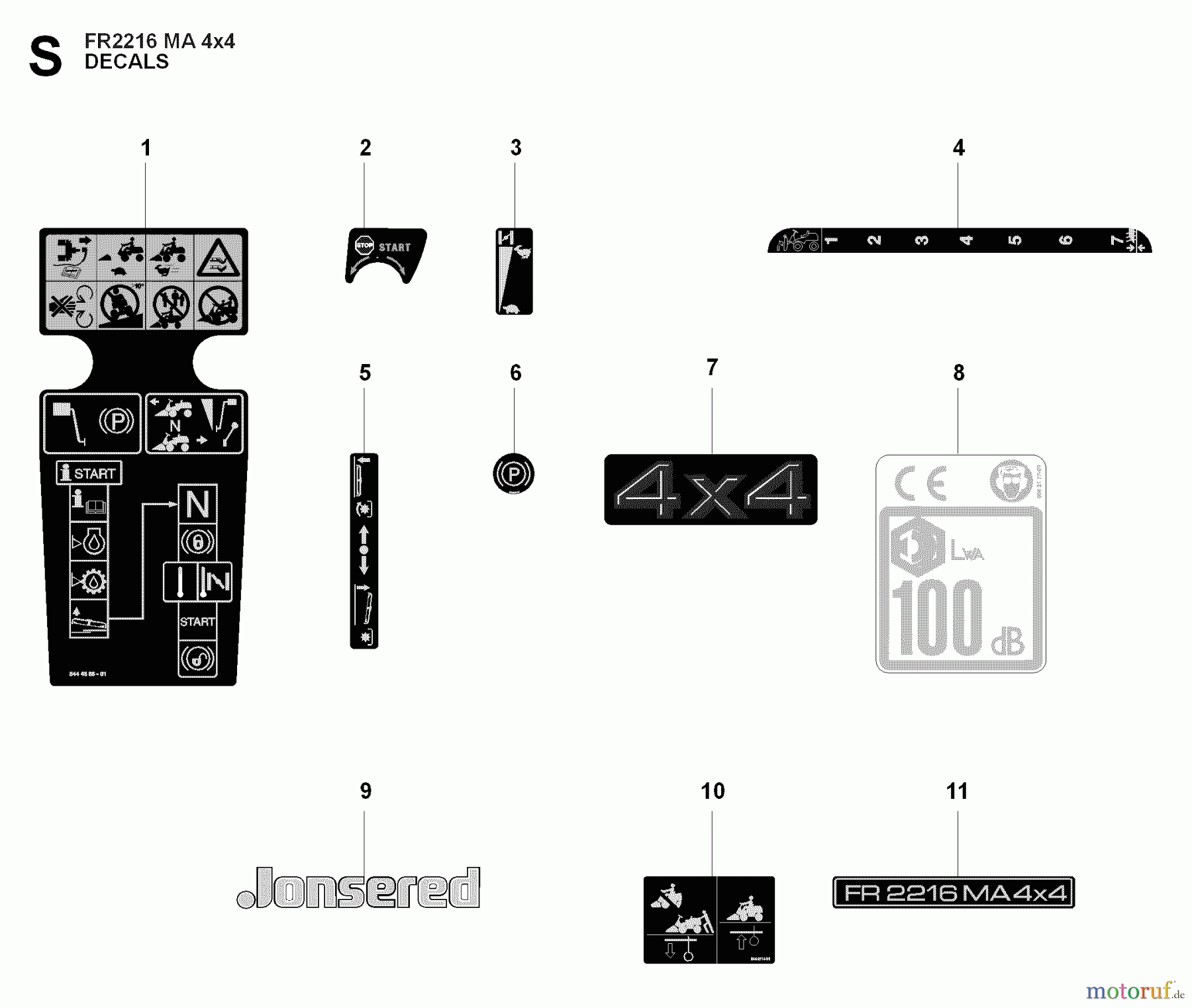 Jonsered Reitermäher FR2216 MA 4x4 (965190401) - Jonsered Rear-Engine Riding Mower (2009-04) DECALS