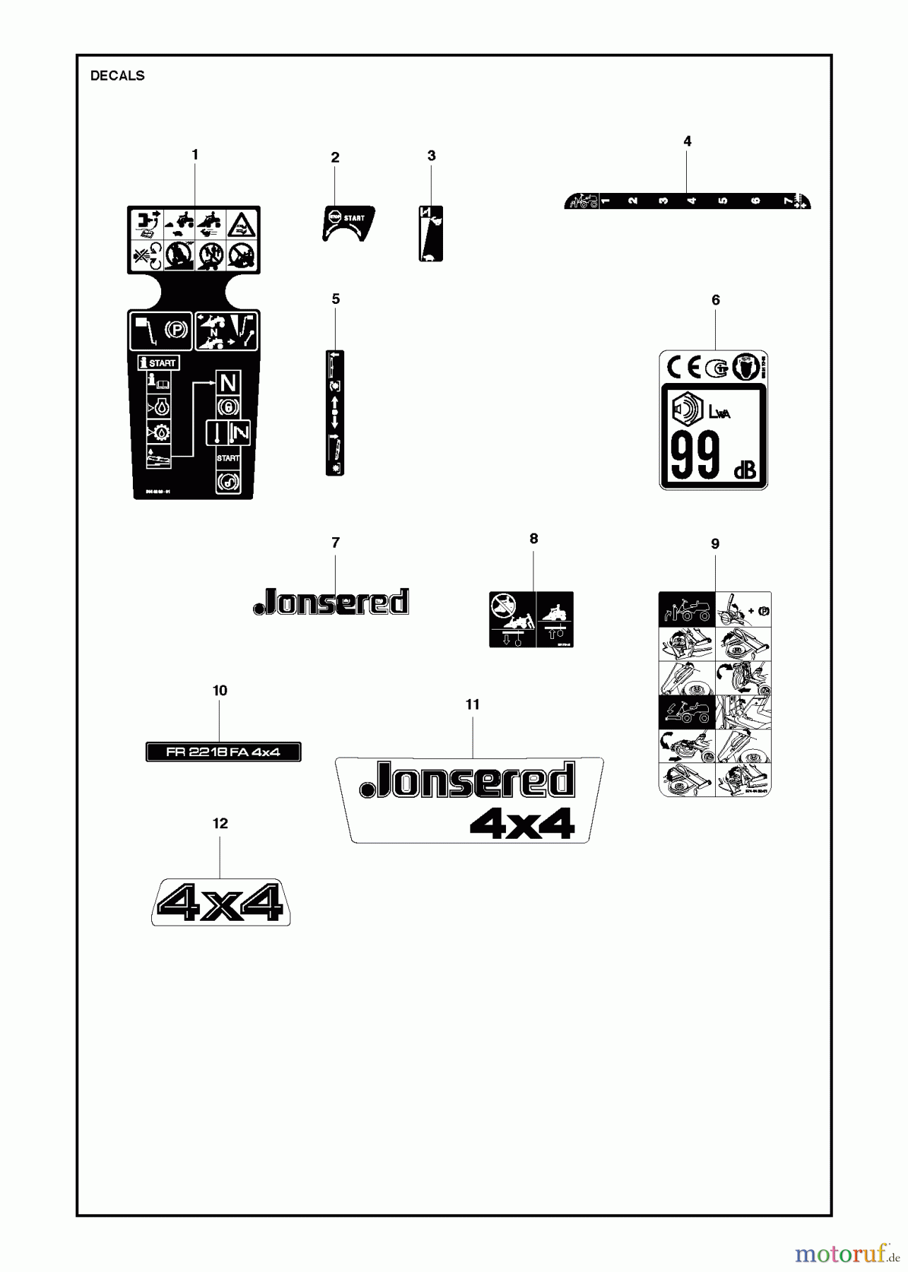  Jonsered Reitermäher FR2218 FA 4x4 (966773701) - Jonsered Rear-Engine Riding Mower (2013) DECALS